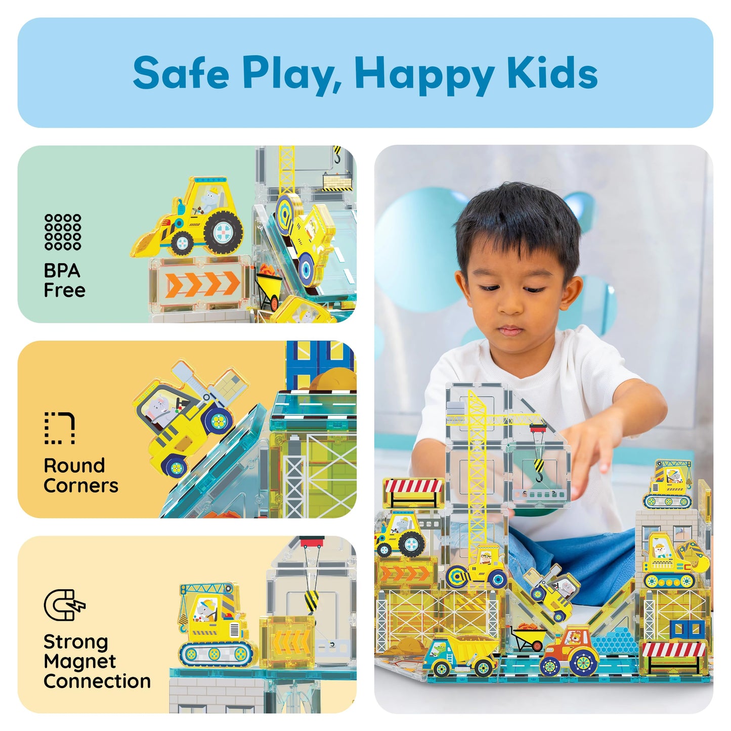 PicassoTiles Magnet Tiles Magnetic Building Blocks with 8 Construction Vehicles Crank Truck Excavator Bulldozer Road Roller Concrete Mixer Tractor Dump Truck Forklift Toys Learning Kids Ages 3+ PTQ11