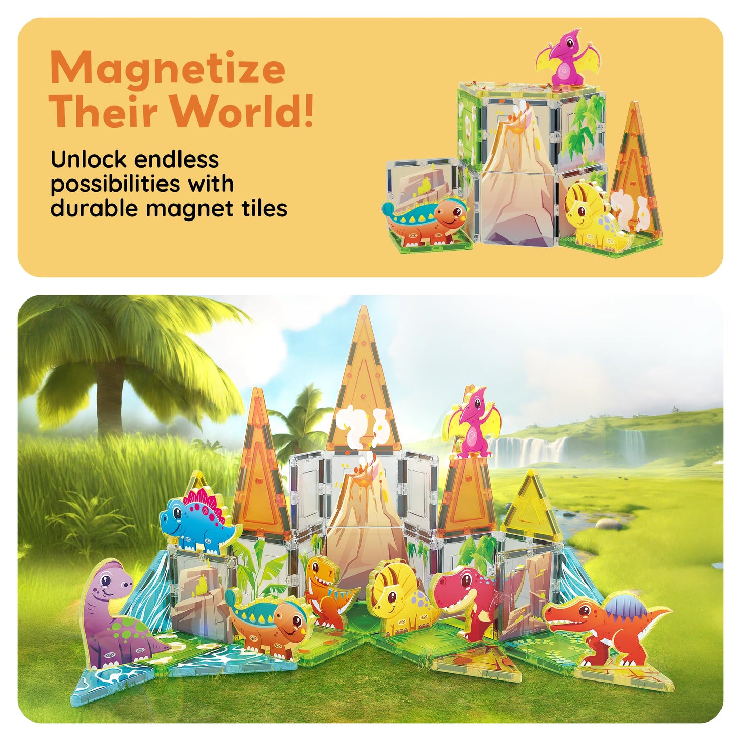 PicassoTiles Magnet Tiles Building Blocks Dinosaur Theme Set with 8 Magnetized Action Figures Magnetic Construction Build and Play Toy with Magnets STEM Learning Activities for Toddlers 3+ PTQ13