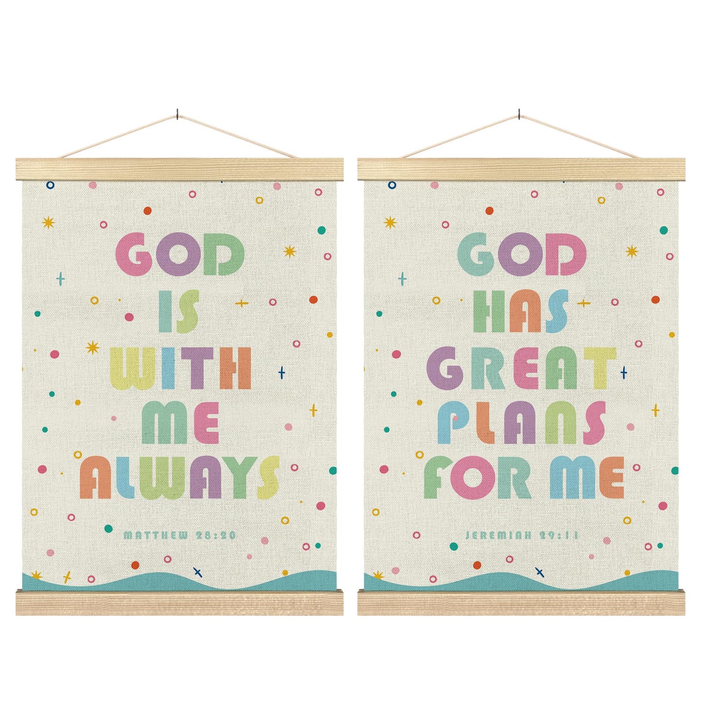 BCUANGD Christian Wall Decor - Scripture Bible Verse Wall Art Poster Hanger with Wood Frames Set of 2, Corlorful Religious Wall Hanging Canvas Decor for Boy Nursery Kids Room, 12x16 Inches