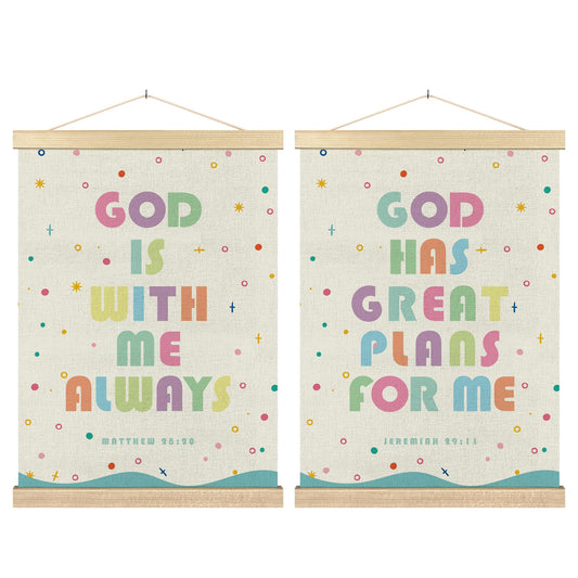 BCUANGD Christian Wall Decor - Scripture Bible Verse Wall Art Poster Hanger with Wood Frames Set of 2, Corlorful Religious Wall Hanging Canvas Decor for Boy Nursery Kids Room, 12x16 Inches
