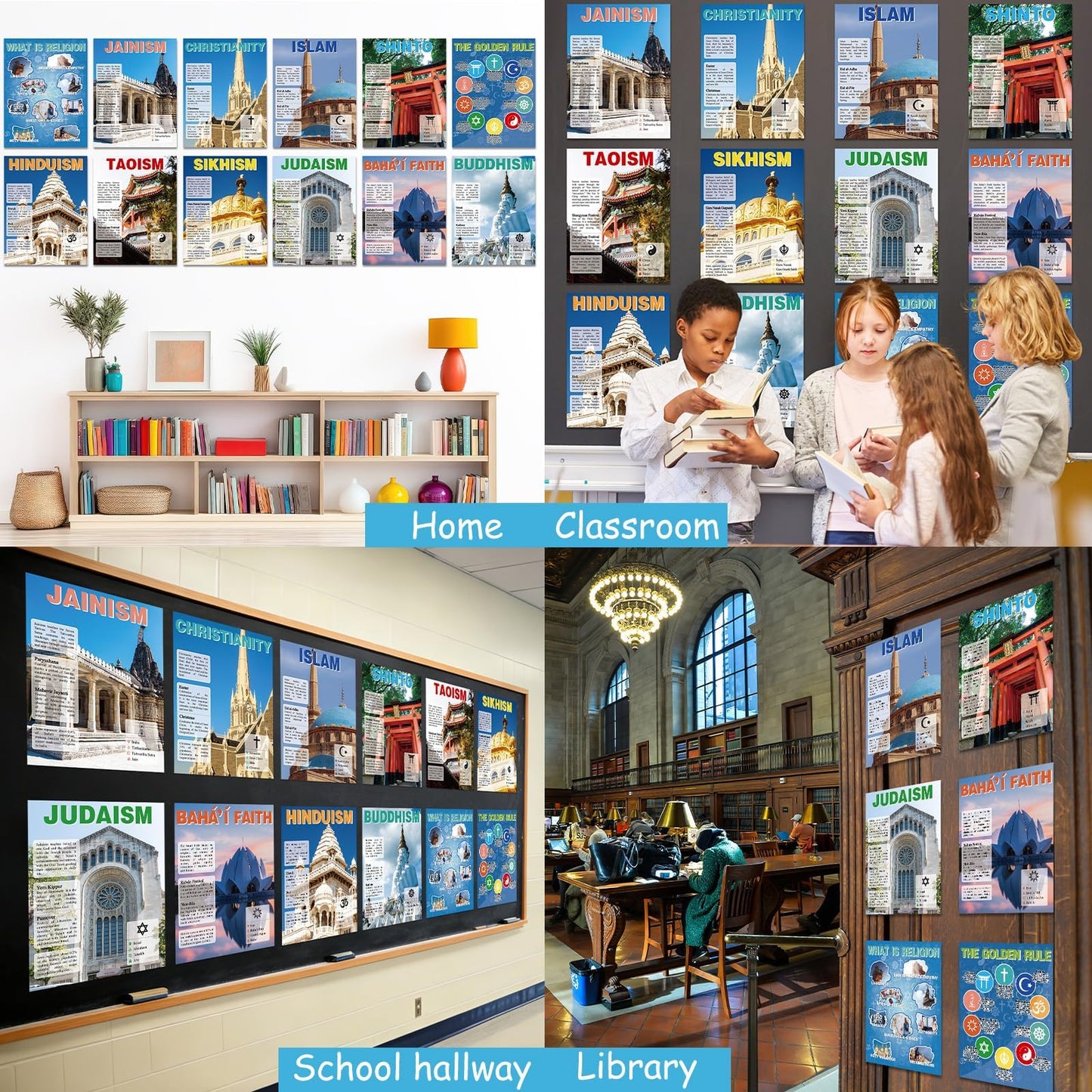 12Pcs World Religious Posters Educational Social Studies Classroom Decoration The Golden Rule Posters Cultural Diversity Wall Art Prints for Students Teacher Middle High School Library Homeschool