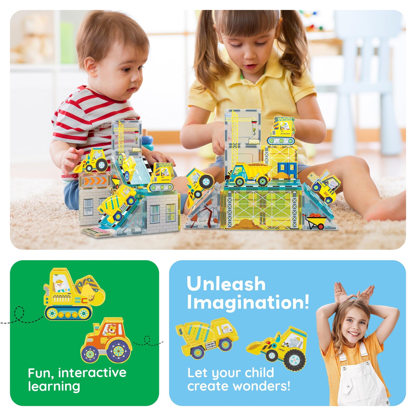 PicassoTiles Magnet Tiles Magnetic Building Blocks with 8 Construction Vehicles Crank Truck Excavator Bulldozer Road Roller Concrete Mixer Tractor Dump Truck Forklift Toys Learning Kids Ages 3+ PTQ11
