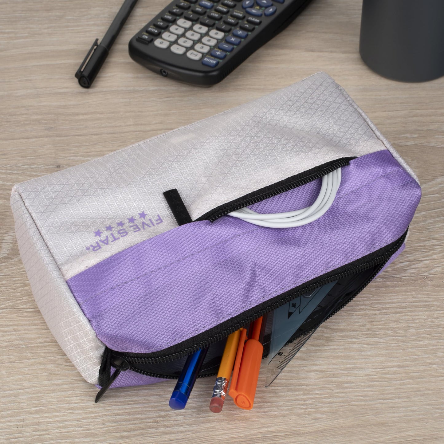 Five Star Pencil Pouch 9-Pocket Zipper Storage Organizer Case for Office Supplies Earbuds Chargers Cables Makeup, Tan/Purple (505600E)