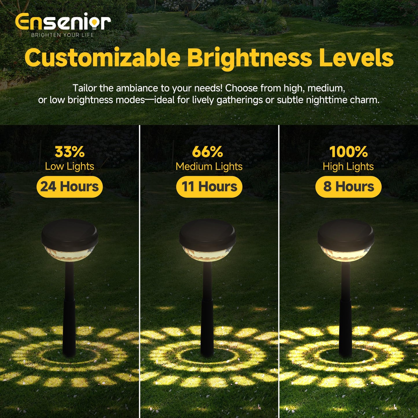 Ensenior Solar Garden Lights, 10-Pack, 3000K Warm White LED, Waterproof, Adjustable Height, Plastic, Model CP4-12CM-30K-10-BL-ZY