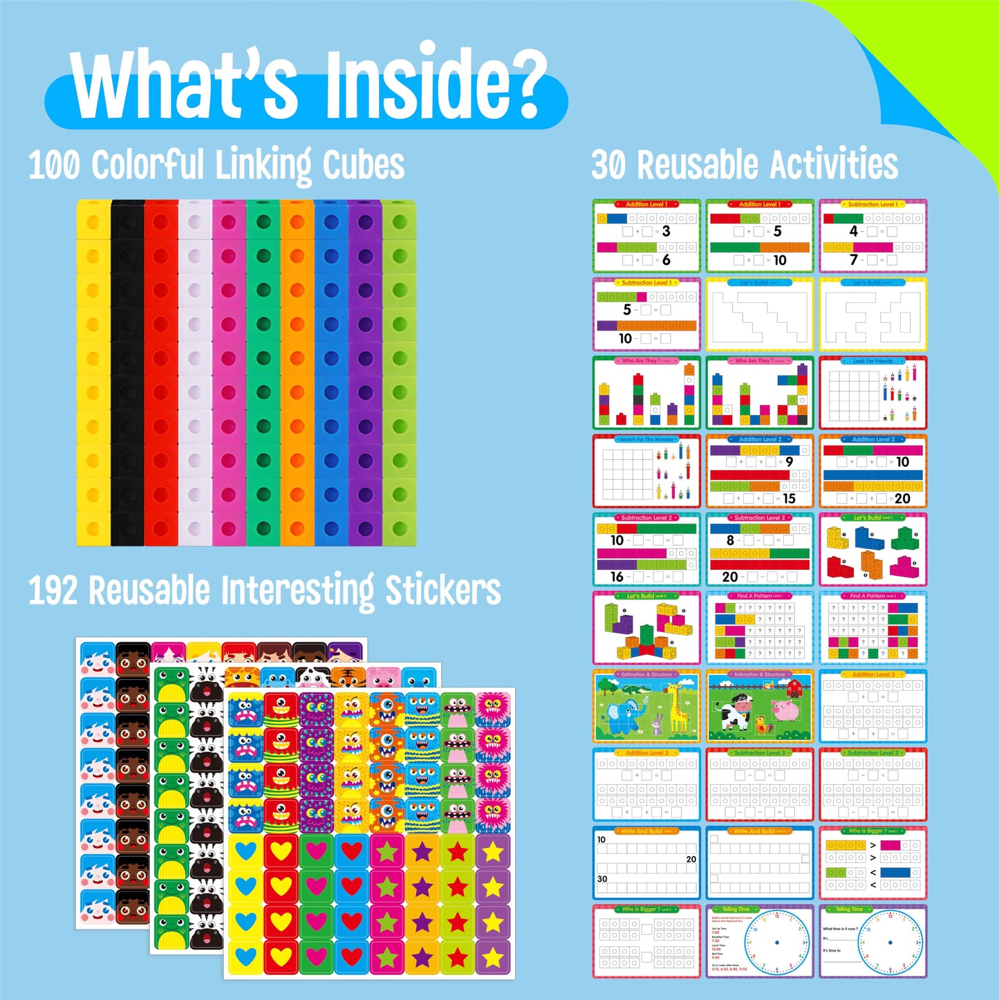 Math Linking Cubes, 100 Math Cube Manipulatives with 30 Learning Activities plus 192 Reusable Stickers, Number Counting Blocks Snap Linking Math Counters, Fun & Educational Pre-K Counting Blocks