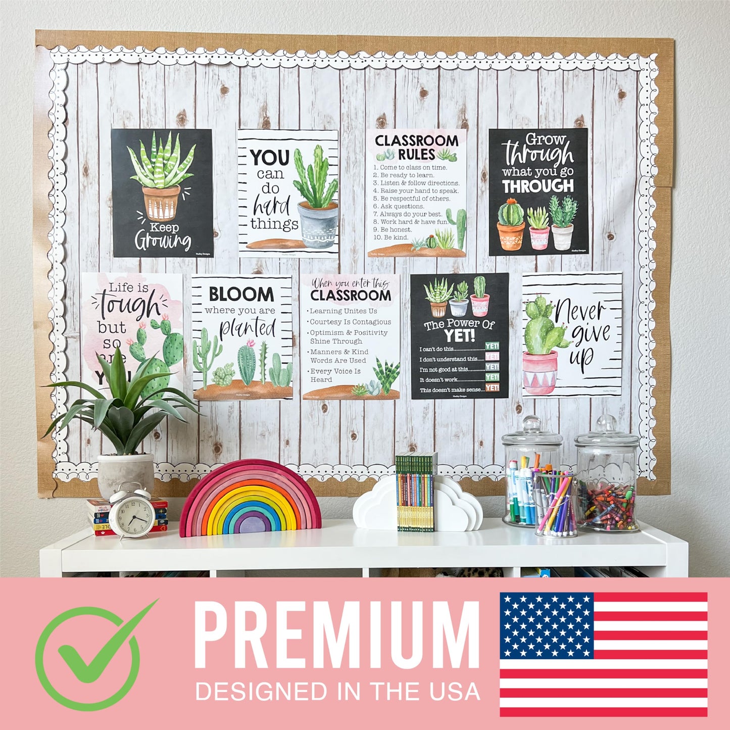 Hadley Designs Motivational Poster for Classroom Decor - 9 Growth Mindset Classroom Posters Elementary, Inspirational Wall Decor Middle School, Teacher Must Haves, Cactus Bulletin Board Decorations