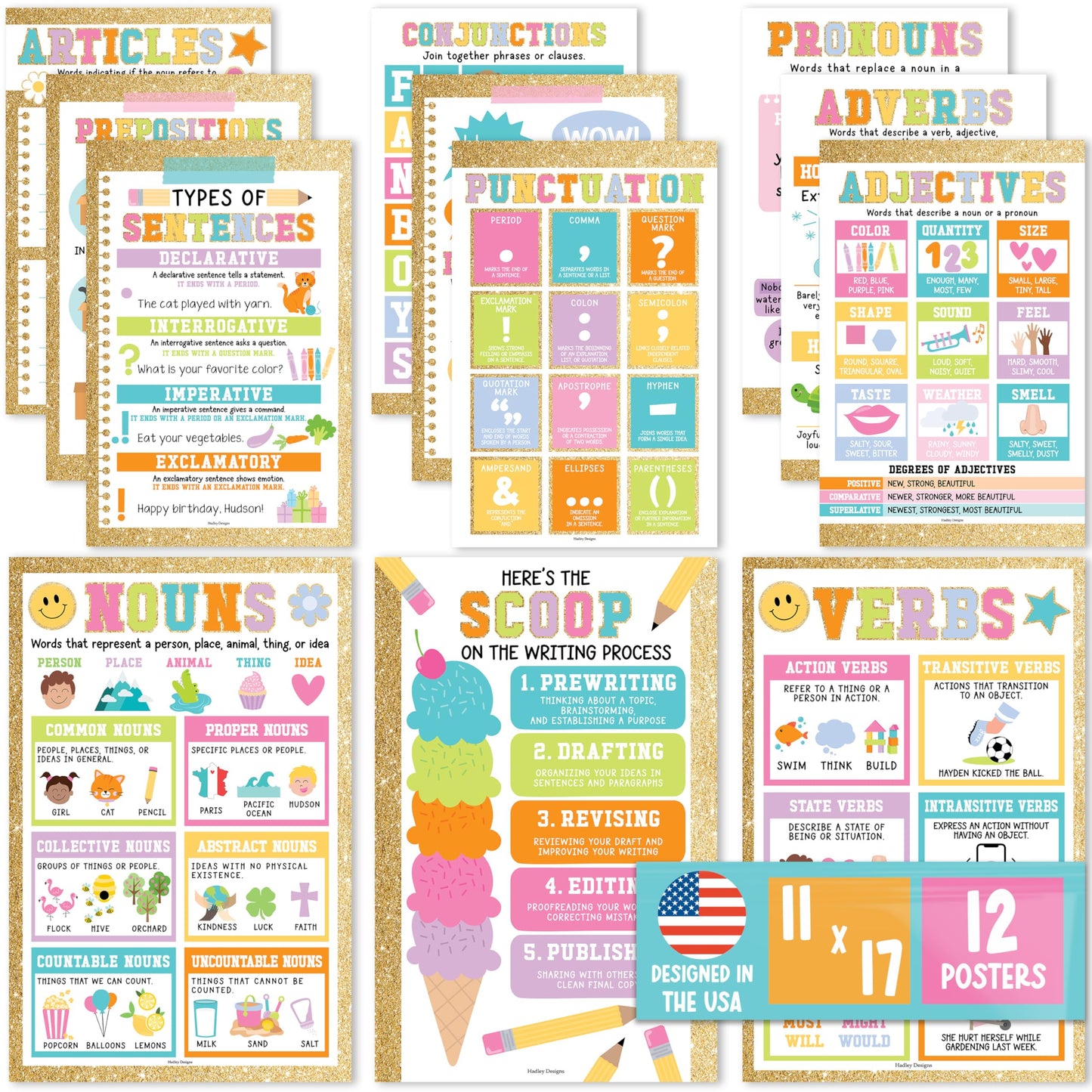 Parts of Speech Posters for Classroom Must Haves -12 Grammar Posters, Writing Process for Homeschool, Elementary & Middle School, ELA 3rd 4th & 5th Grade Teacher Must Haves, Gold Classroom Decor