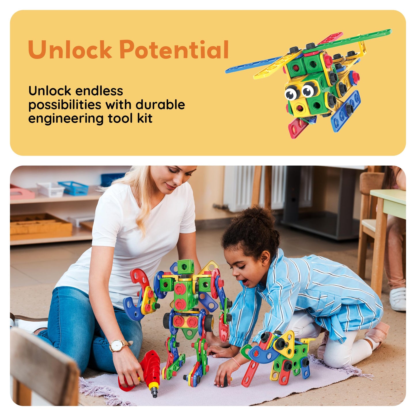 PicassoTiles 201pc STEM Learning Block Construction Kit with Power Drill and Clickable Ratchet Educational Engineering Toy Set Kids Age 3 Plus Preschool Activity Creative Play with Idea Book PTN201
