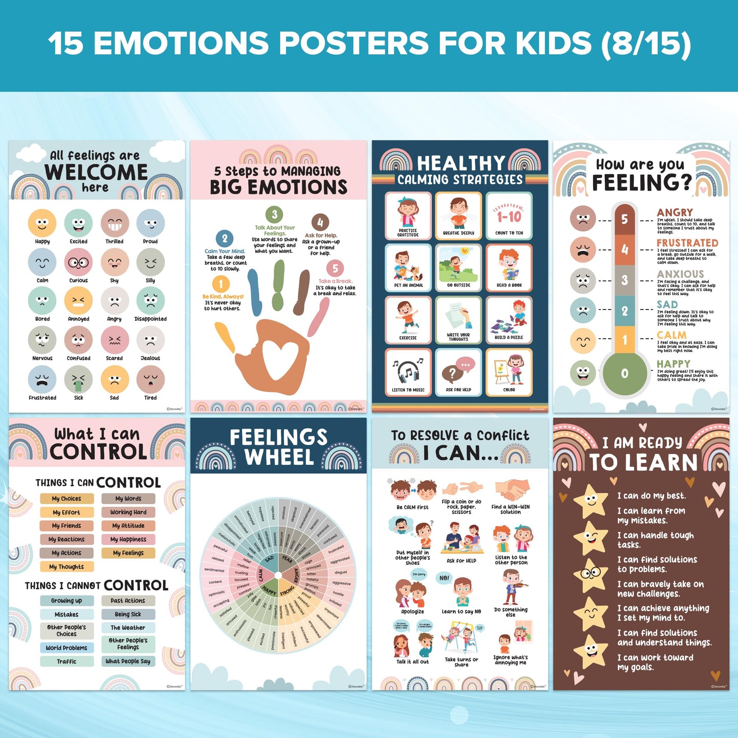 Decorably 15 Social Emotions Poster for Classroom, 11x17in Educational, Matte-Laminated Chart for Kids - School Hallways, Bulletin Boards, Home Study Room