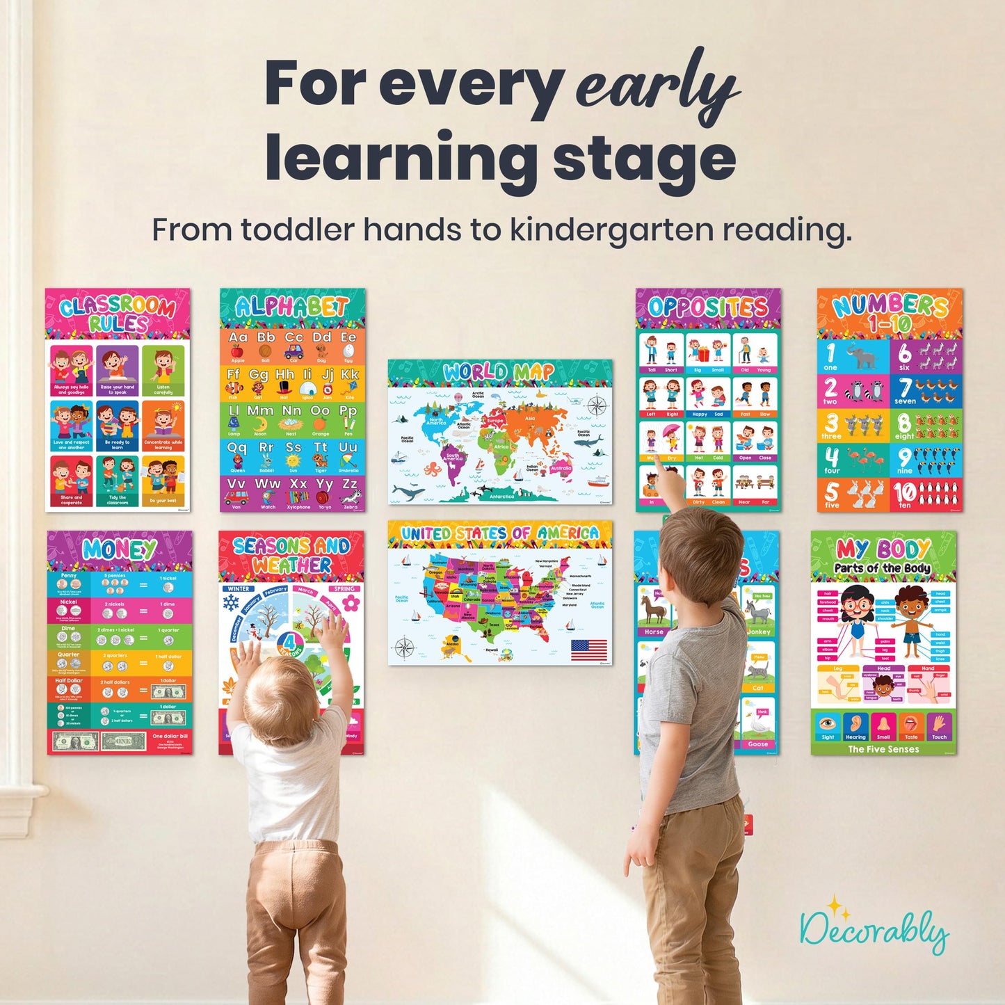 Decorably 20 Vibrant Learning Posters for Toddlers 1-3, 11x17in Educational, Matte-Laminated Classroom Decor - for School Hallways, Bulletin Boards, Home Study Room