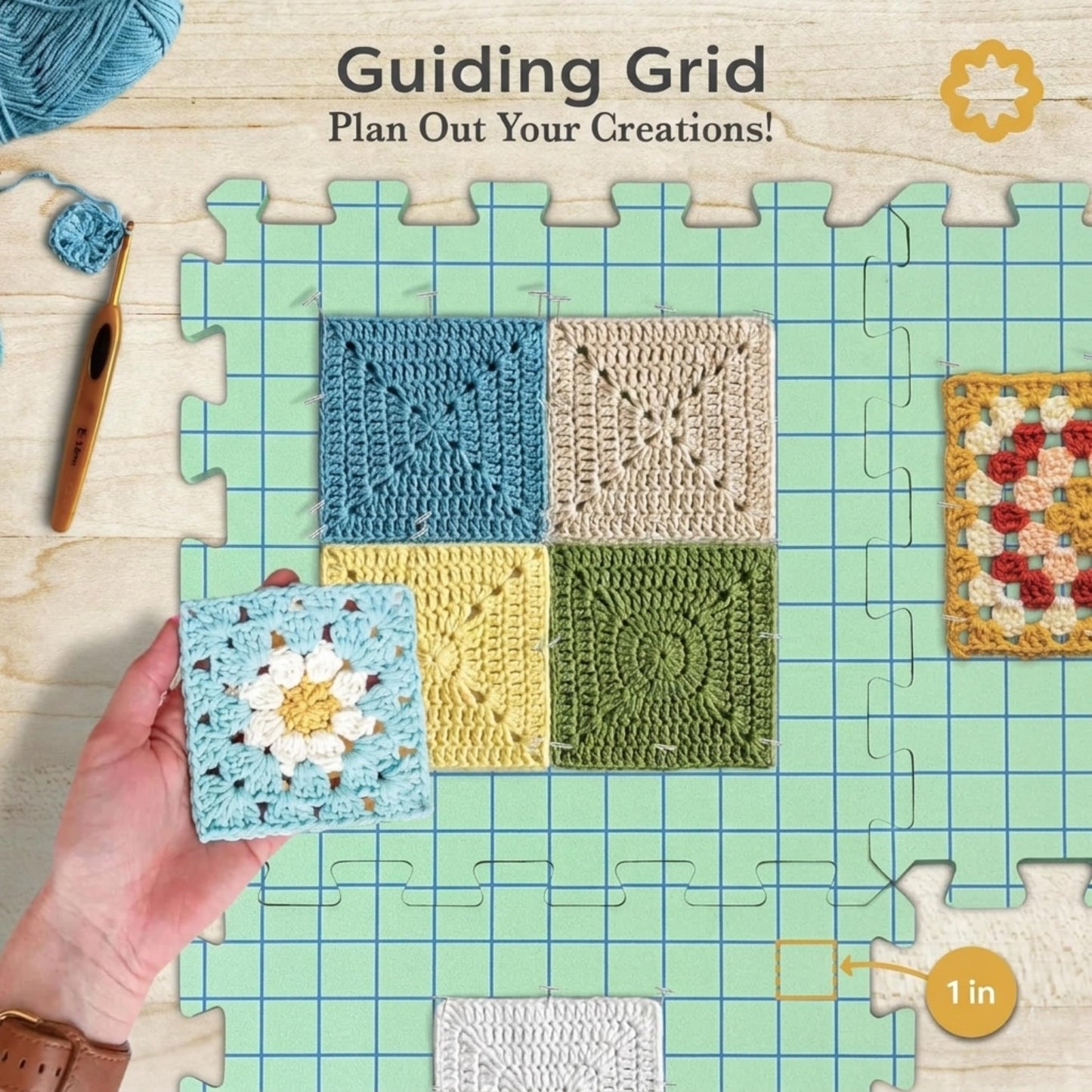 Unordinary Granny Crochet Blocking Board Set – 9 Extra Thick Interlocking Mats with Grid, 150 T-Pins, Felt Storage Bag and Cotton Pouch (Sage Green)