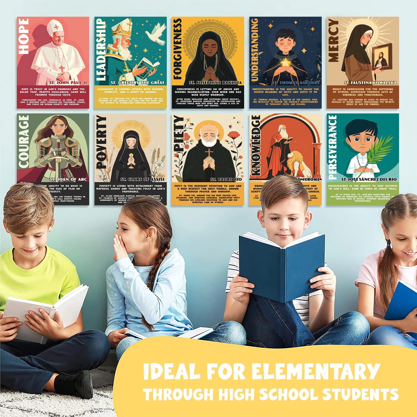 Catholic Saints Posters for Kids - Set of 16 (11x14) Unframed Christian Classroom Decor - Bible Virtues Quotes from Saints - Sunday School & Faith Bulletin Board Decorations