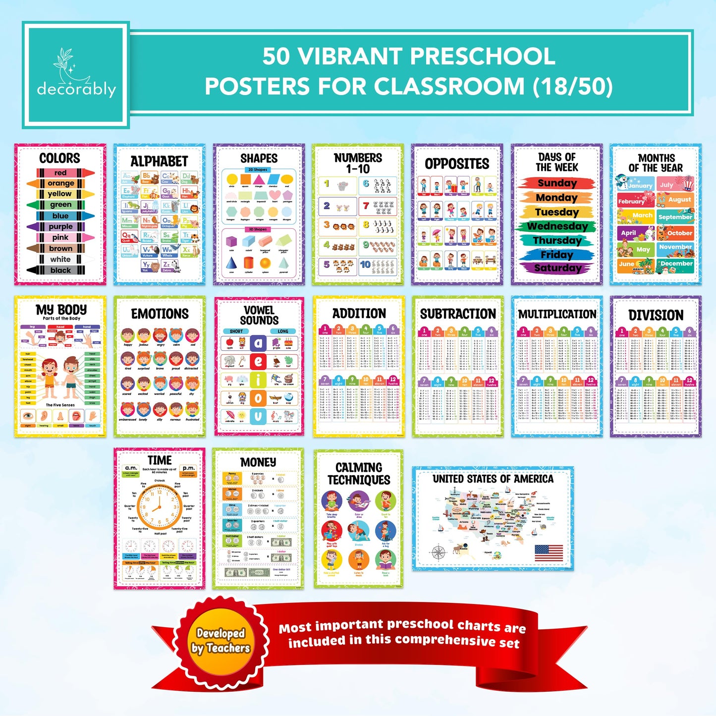 Decorably 50 Vibrant Educational Posters for Toddlers 1-3, 11x17in Matte-Laminated Classroom Decor - for School Hallways, Bulletin Boards, Home Study Room - Kindergarten, Preschool