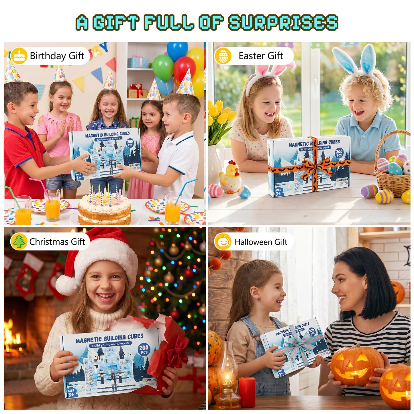 Fitrobust 200 Pack Magnetic Blocks for Kids, STEM Construction Toys with Forest Theme | Creative Educational Games for Ages 3, 4, 5, 6, 7, 8, 9, 10 | Ideal Birthday for Boys & Girls (ICE, Count, 200)