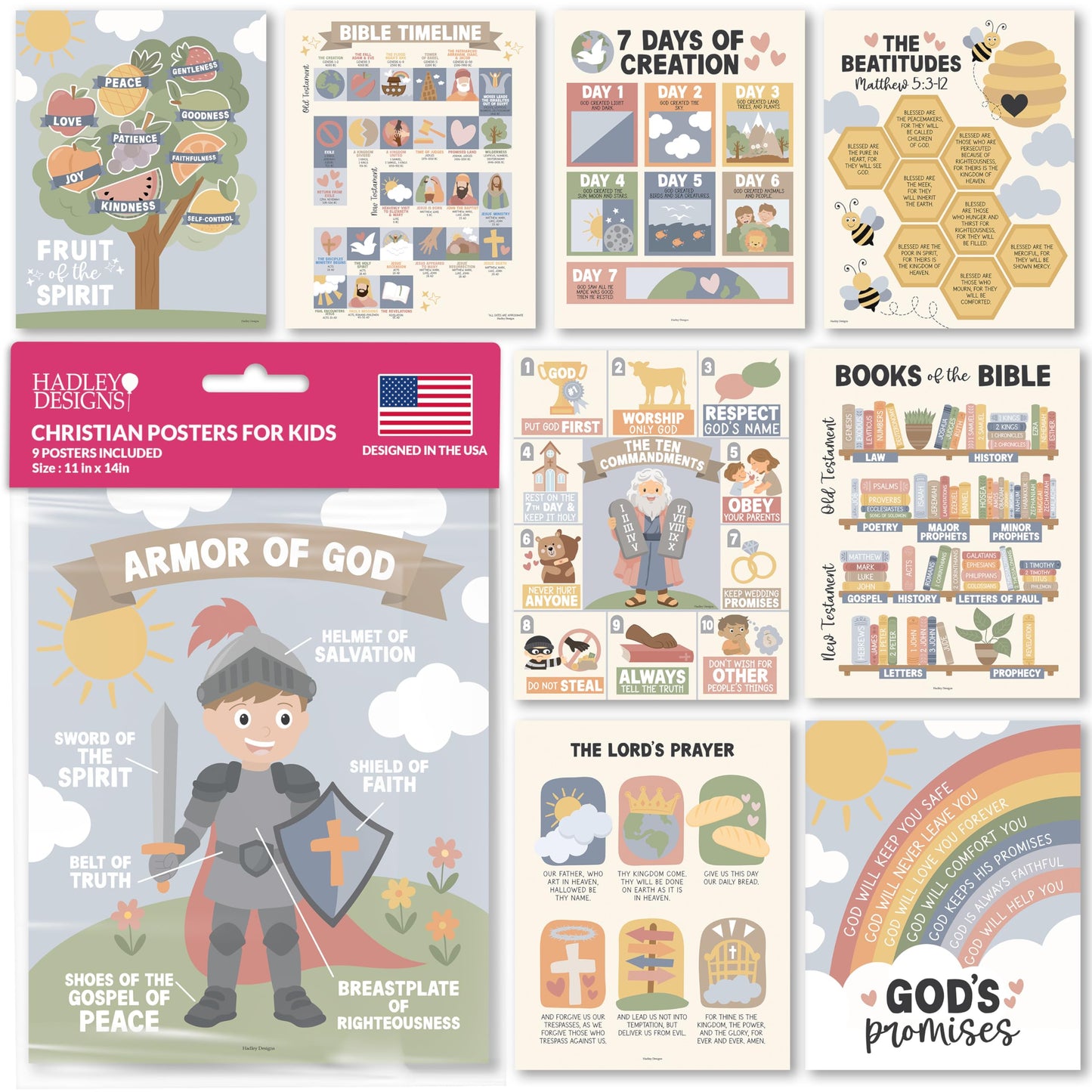 Hadley Designs Sunday School Decorations for Classroom –9 Bible Posters for Kids, Books of the Bible, 10 Commandments, Bible Timeline Chart, Fruits of the Spirit, Boho Christian Classroom Decor