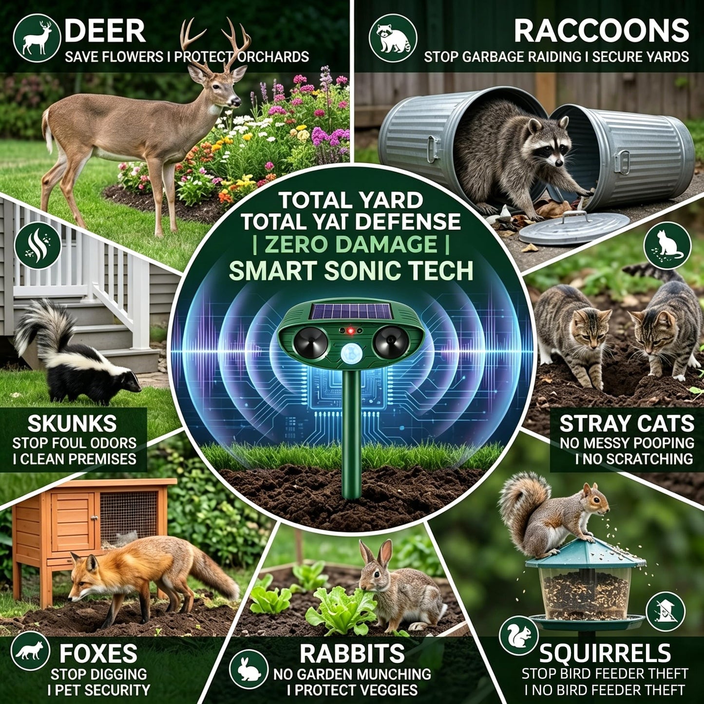 4Pack Upgraded Sonic Fortress Pro Deer Repellent Devices Solar Animal Repellent Ultrasonic Outdoor with Motion Activated for Squirrel Raccoon Rabbit Fox Cat Deterrent for Garden Yard Lawn Protection