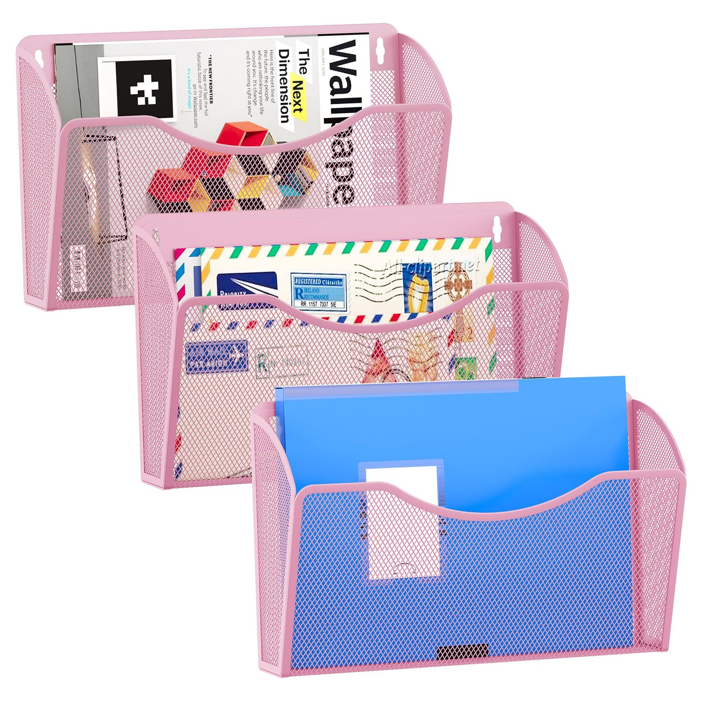 EasyPAG Wall File Organizer 3 Pack, Hanging File Organizer Wall Mount, Metal Mesh Folder Holder for Letter/A4 Papers, Mail Sorter for Office, Classroom, Home, Pink