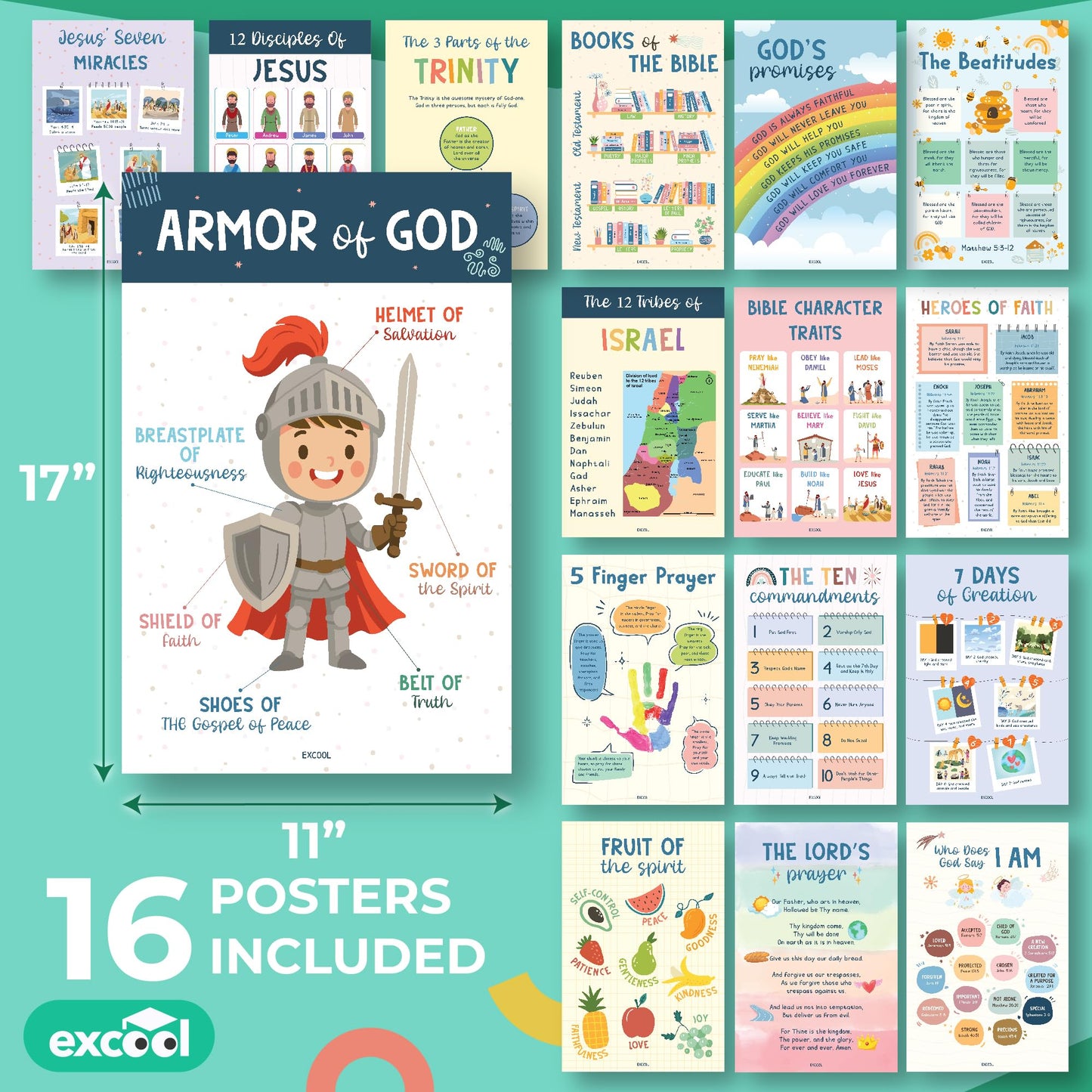 Excool Club Sunday School Decorations For Classroom - 16 Book Of The Bible Posters For Kids, Ten Commandments Fruit Of The Spirit Wall Art, Bible Study Supplies For Christian Classroom Decor (11"x17")