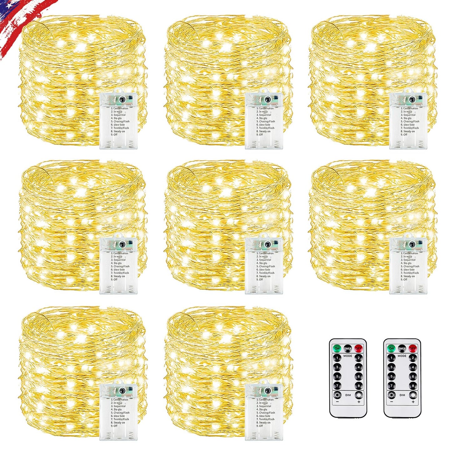 KAQ 8 Pack Fairy Lights 480LED Warm White Battery Operated with Remote, Waterproof, Cuttable String Light for Indoor/Outdoor Decor