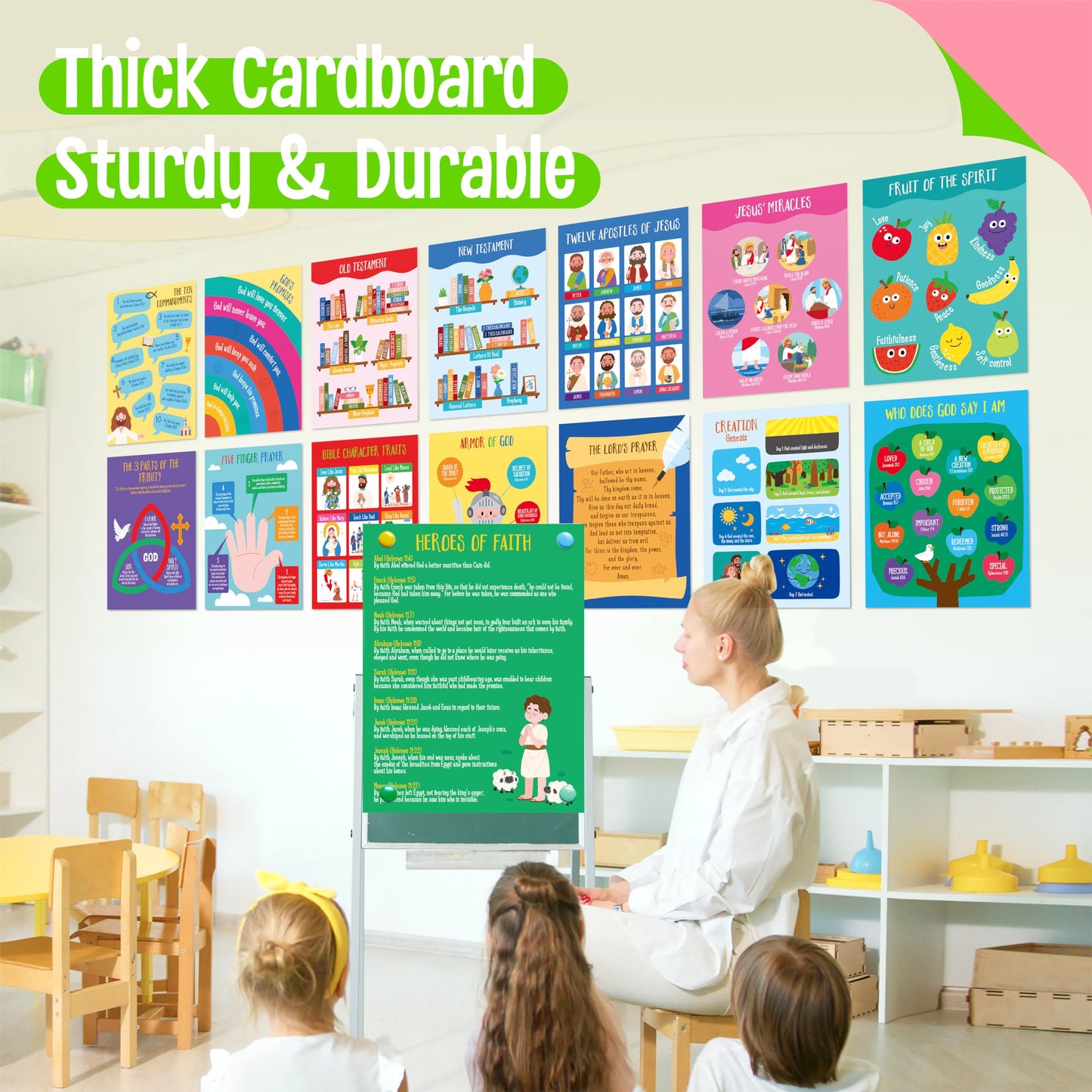15 Bible Posters for kids, Thick Religious Poster Waterproof & Tear Proof with PET Film, Books of the Bible Poster Sunday School Christian Decoration for Classroom, Bulletin Board (14.5” x 11”)