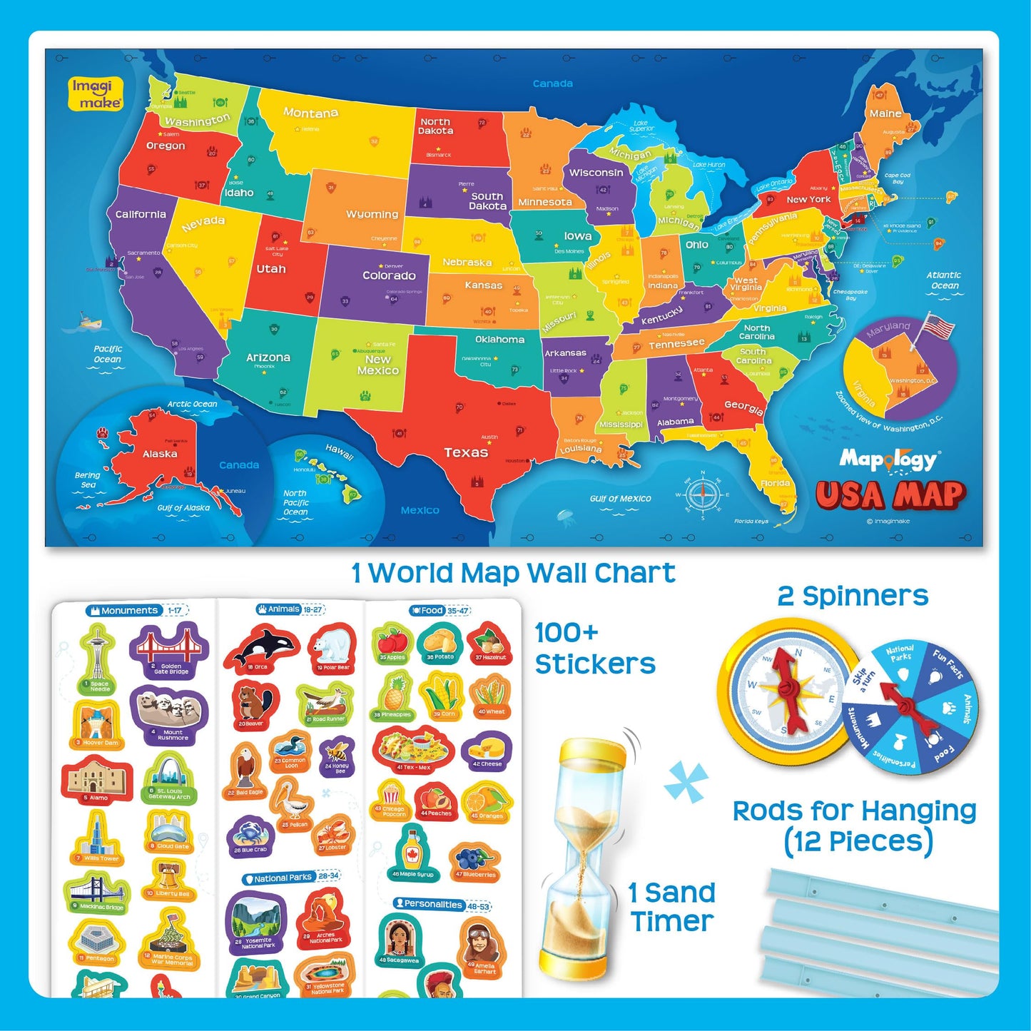 Imagimake Mapology USA Map with Reusable Stickers | 100+ Jelly Stickers | Classroom Geography Games & Learning Kids Toys Age 5-8 | Gifts for Boys & Girls Age 5,6,7,8,9,10,11,12 Years Old