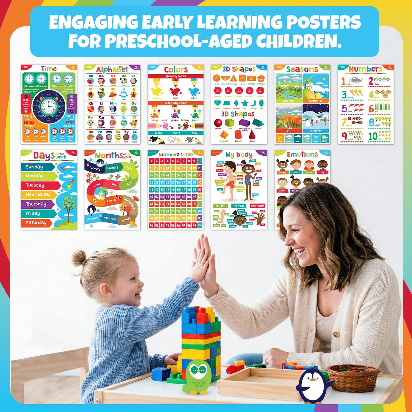 Sproutbrite 11 Pack 13.75"x19.75" Educational Posters for Toddlers Large Classroom Decorations for Preschool & Homeschool – Includes Alphabet, Numbers, Seasons, and Emotions – High-Visibility Learning Charts for Ages 3-5