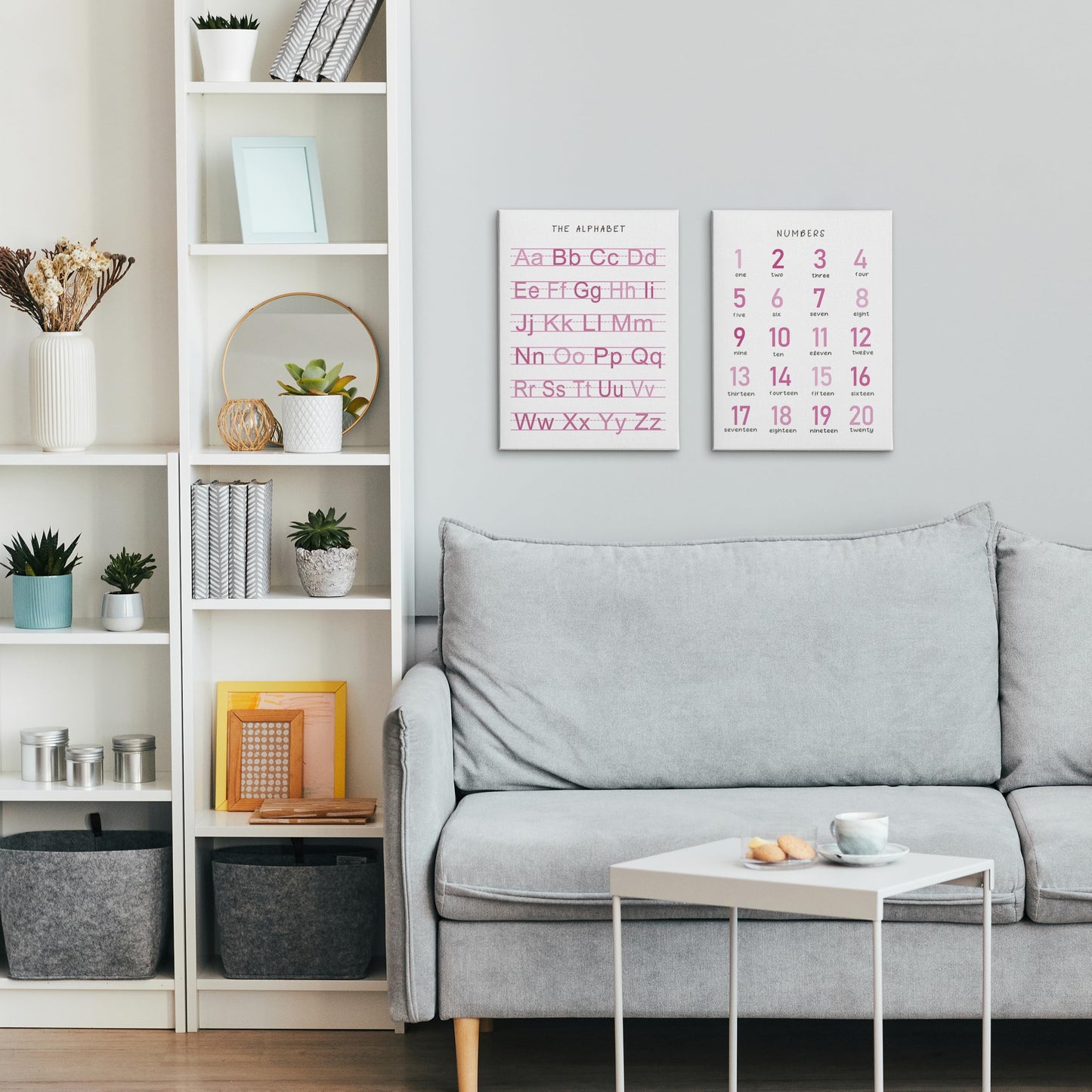HRQKO Alphabet Numbers Nursery Canvas Wall Art Set of 2, Pink Kids Room Decor Framed Art, ABC Numbers Educational Posters Wall Decor for Classroom Toddler Kids Nursery Bedroom Playroom, 11x14 inch