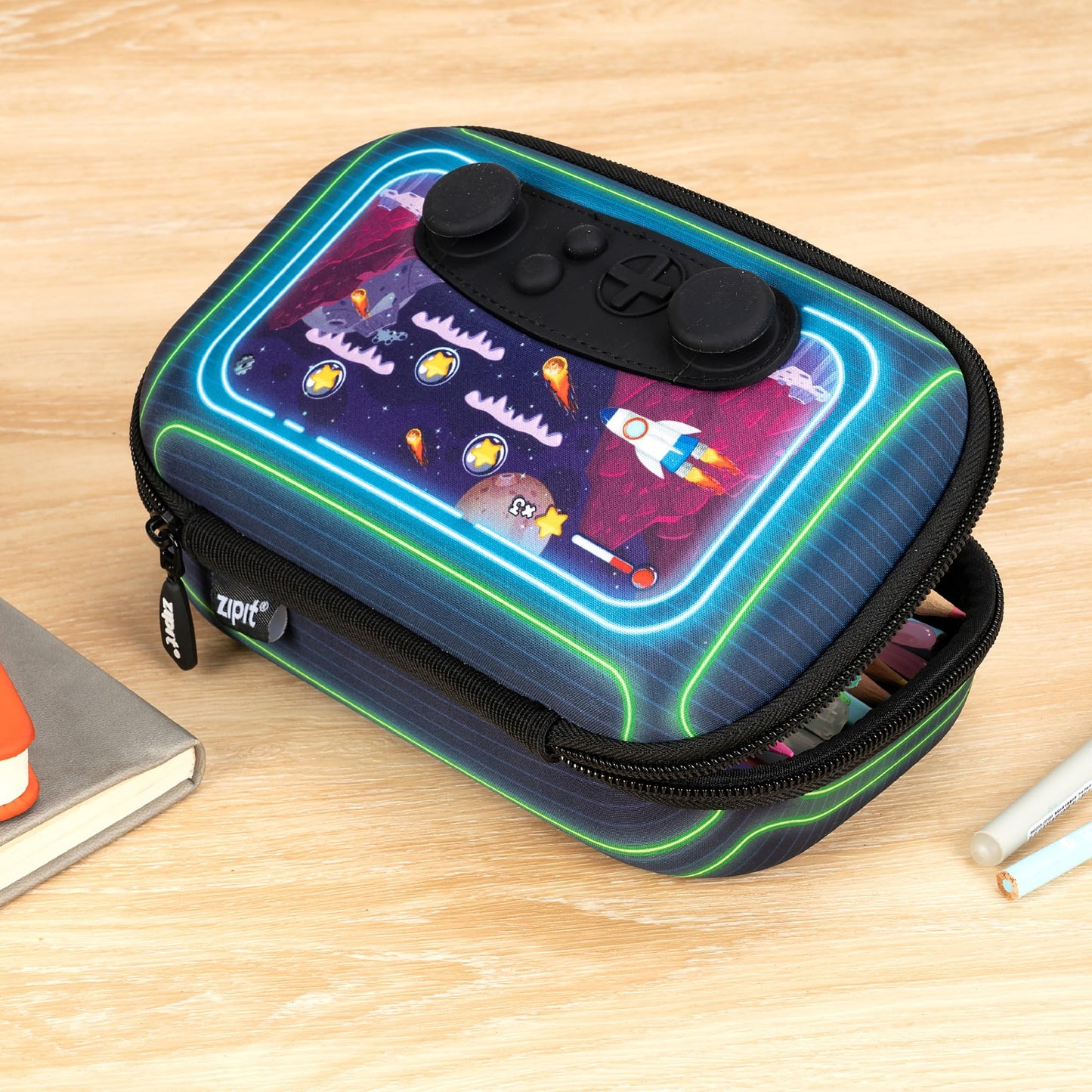 ZIPIT Gamer Pencil Case for Boys, Durable Pencil Box for School, Large Capacity Stationery Organizer Box, Green Rockets