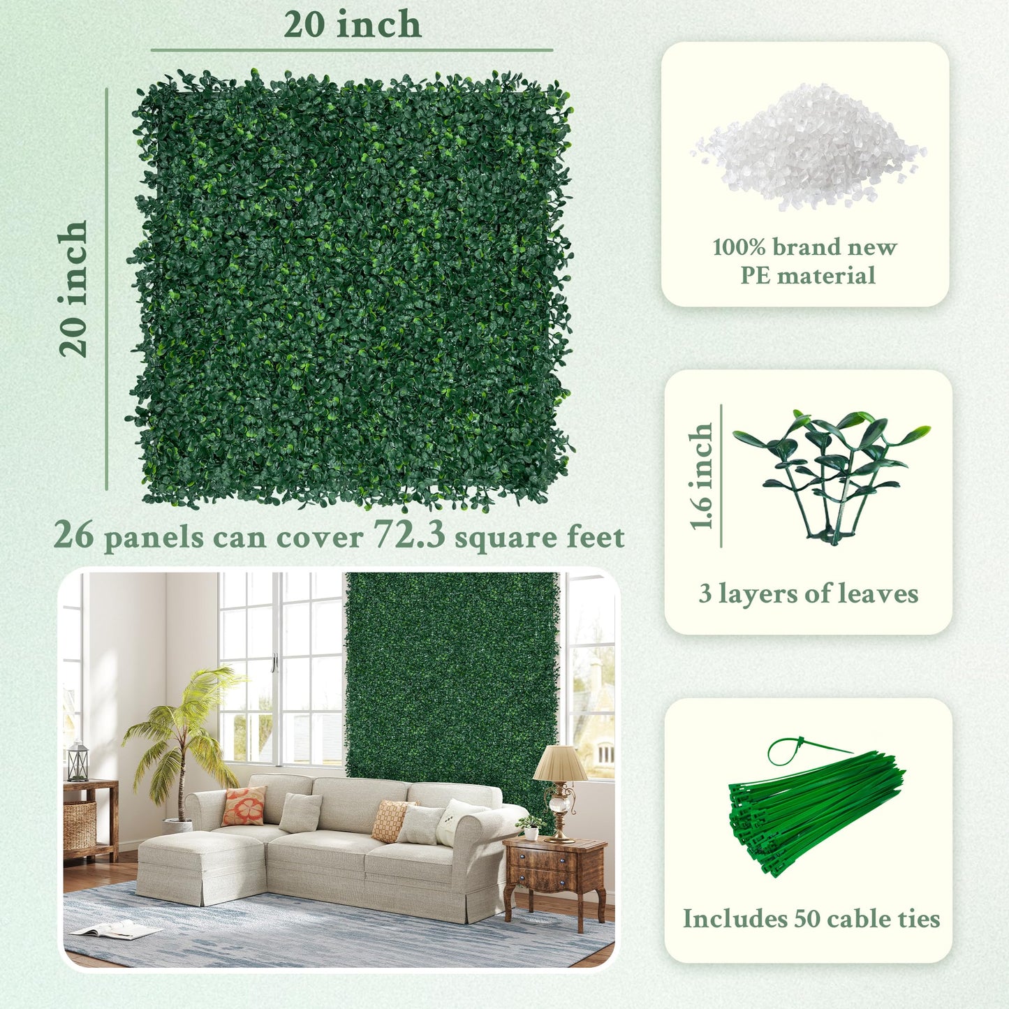 ODTORY Artificial Boxwood Wall Panels 20x20 inch 26Pcs, UV-Anti Faux Greenery Grass Hedge for Privacy Screen，Fake Ivy Plant Fence for Outdoor Garden, Backyard, Balcony, and Indoor Home Decoration