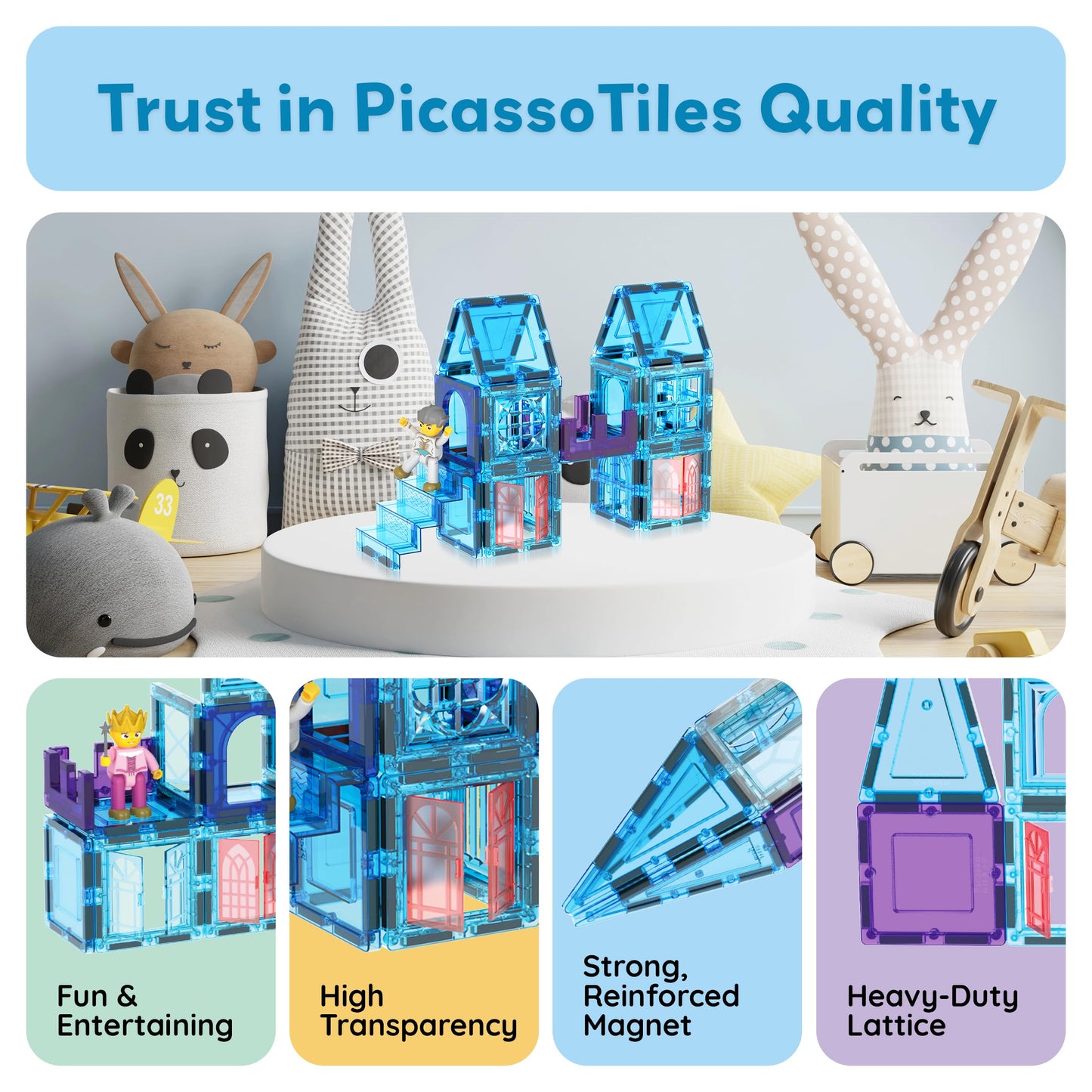 PicassoTiles 72 Piece Magnetic Building Tiles Castle Winter Ice Theme Construction Magnet Block Set with Princess Prince Character Stairs Windows Doors STEM Learning Educational Toy Kids Ages 3+ PT72