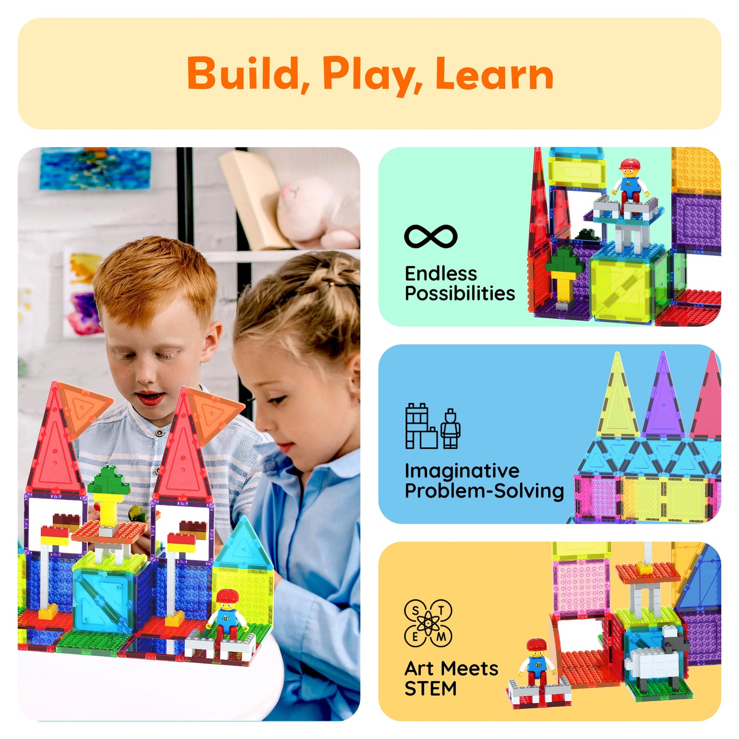 PicassoTiles 353pc Magnetic Brick and Magnet Tile Combo Set with Action Figures STEM Building Block Educational Construction Kit Preschool Classroom Toy Learning Activities for Kids Age 3 Plus PTL353