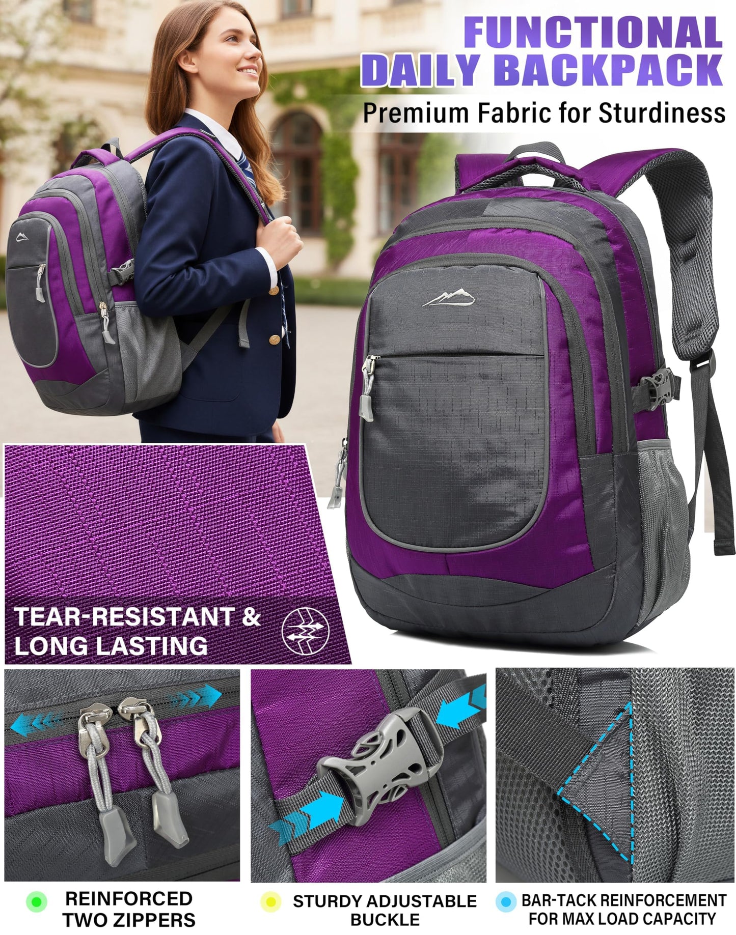 ProEtrade Backpack Bookbag for College Sturdy Travel Business Hiking Fit Laptop Up to 15.6 Inch Multi Compartment Gifts for Men Women Night Light Reflective (Purple A)