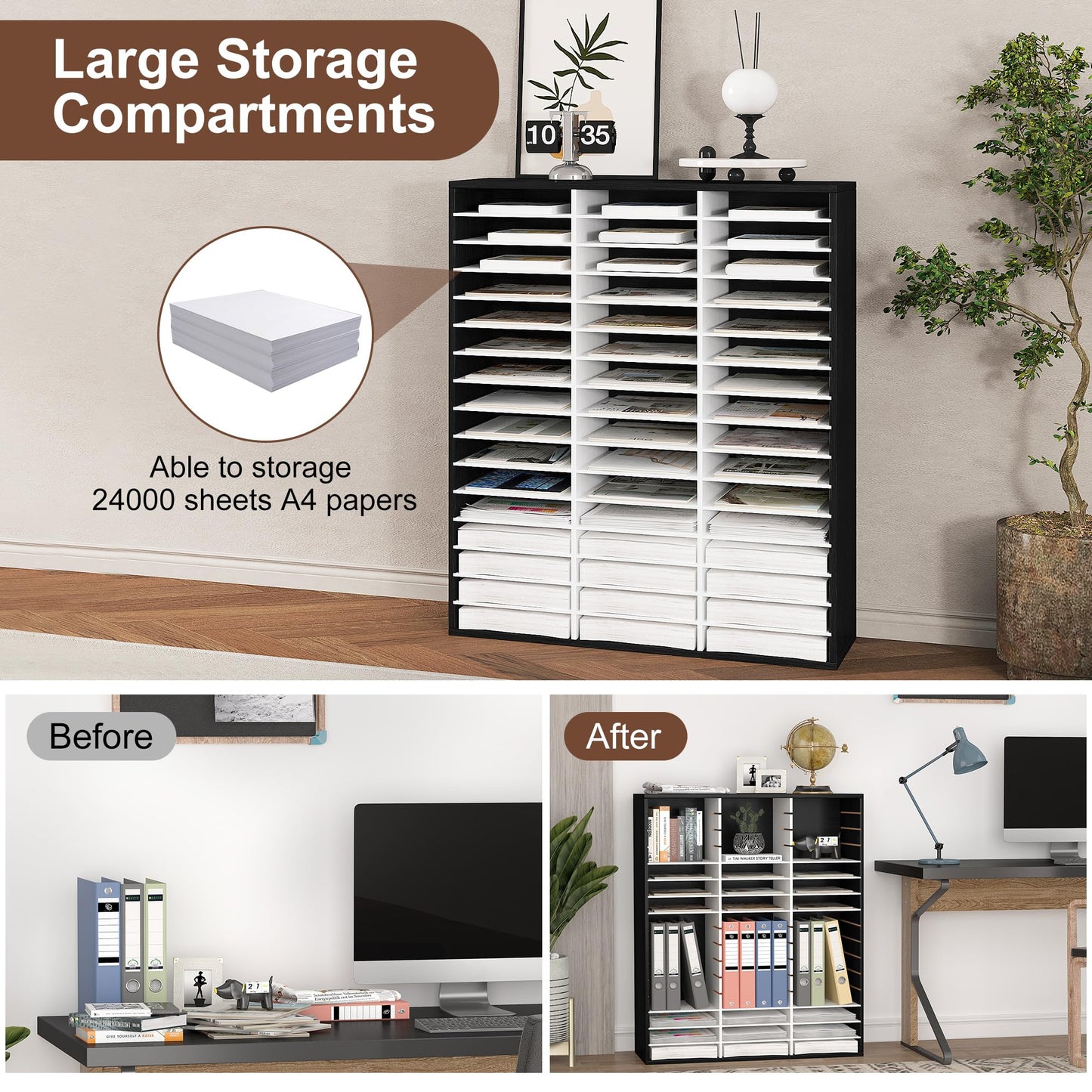 EasyPAG Wooden Literature Organizer with Adjustable Shelves, 48 Compartments Office Paper Organizer Storage 24000 Sheets Letter Size Paper, Student Mailbox for Classroom, Black/White