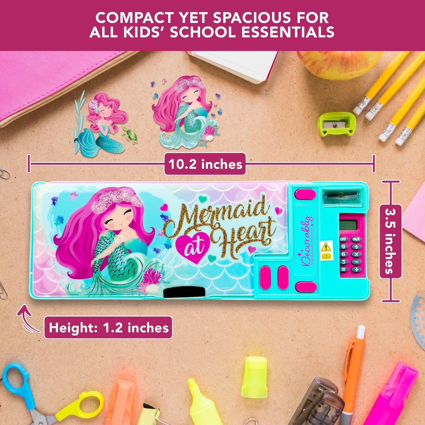 Decorably Pop Up Multifunction Mermaid Pencil Case for Girls, with Calculator, Sharpener, Pen Slots, Mini Drawer and 2 Main Compartments with Magnetic Closure - Back to School Gift for Kids
