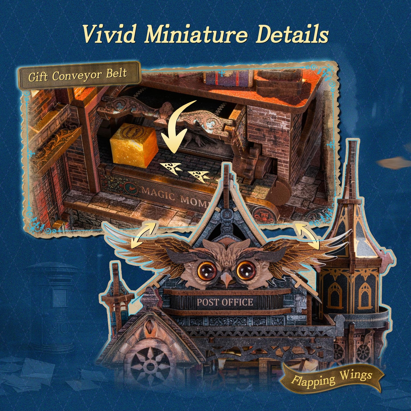 FUNPOLA LED 3D Wood Puzzle Owl Post Office, Dynamic Model with Mechanical Gears, DIY Miniature Kit with Music and LED Lights, Home Décor Gift for Adults and Teens
