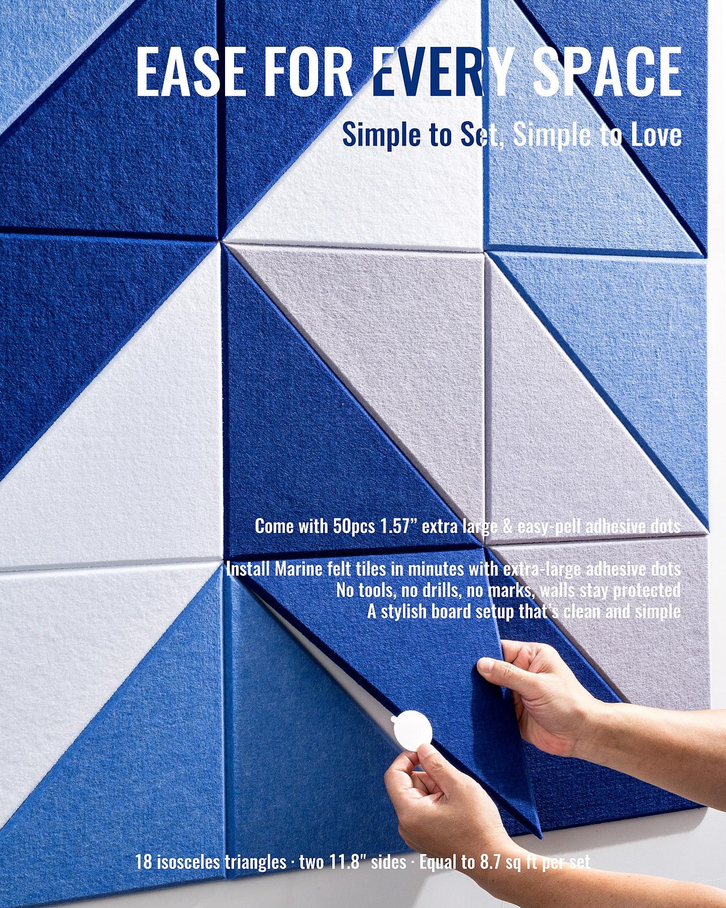PebblingQ Felt Wall Tiles Bulletin Board, Marine Blue White Panels, Modular Decorative Boards for Home Office, Kids Room, Nursery, DIY Geometric Art Display, 18 Pack 11.8" Triangle Tiles (Marine)