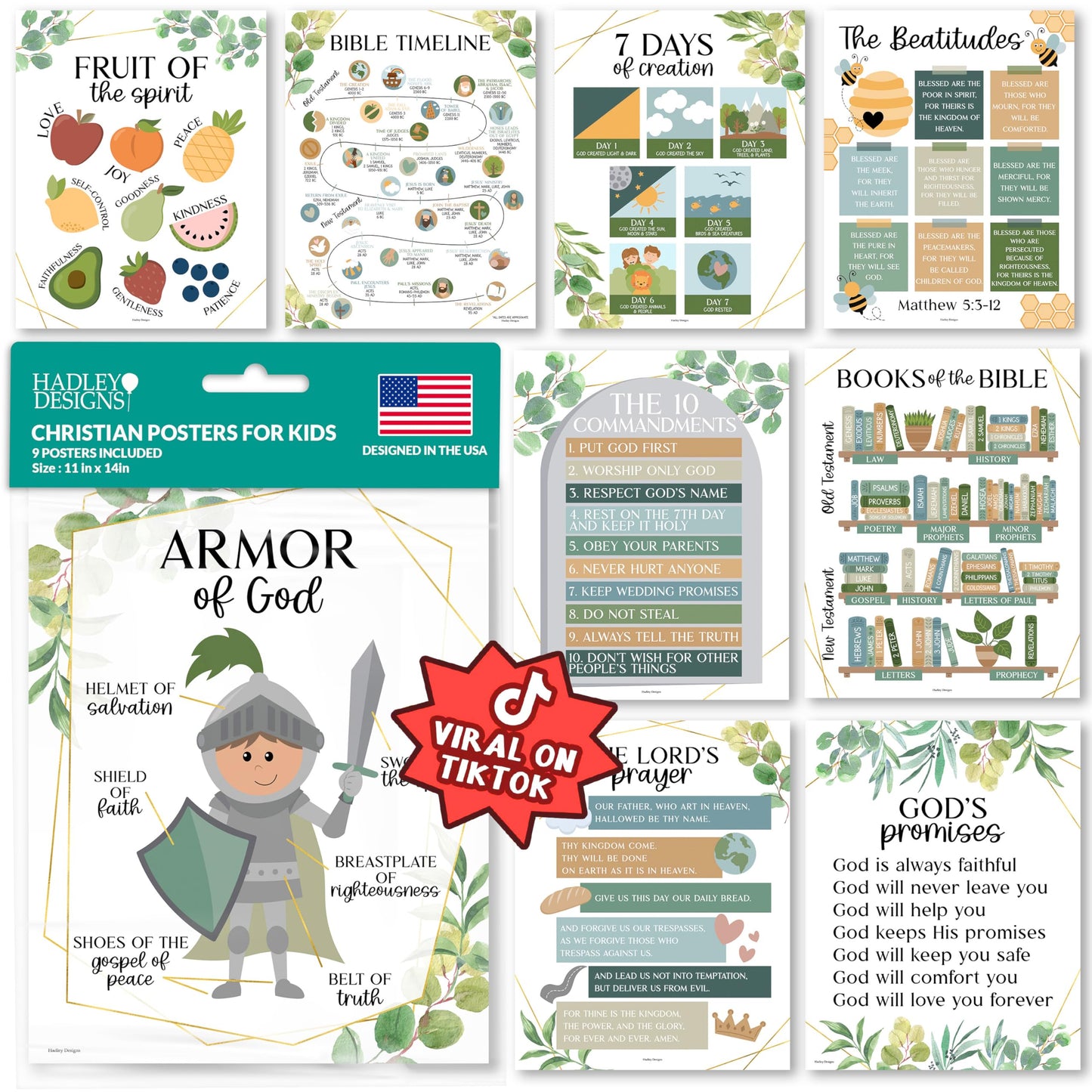 Hadley Designs Sunday School Decorations for Classroom –9 Bible Posters for Kids, Books of the Bible, 10 Commandments, Bible Timeline Chart, Fruits of the Spirit, Greenery Christian Classroom Decor
