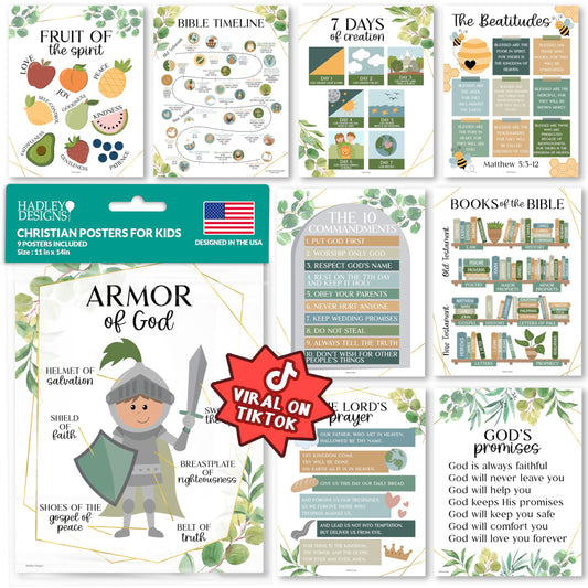 Hadley Designs Sunday School Decorations for Classroom –9 Bible Posters for Kids, Books of the Bible, 10 Commandments, Bible Timeline Chart, Fruits of the Spirit, Greenery Christian Classroom Decor