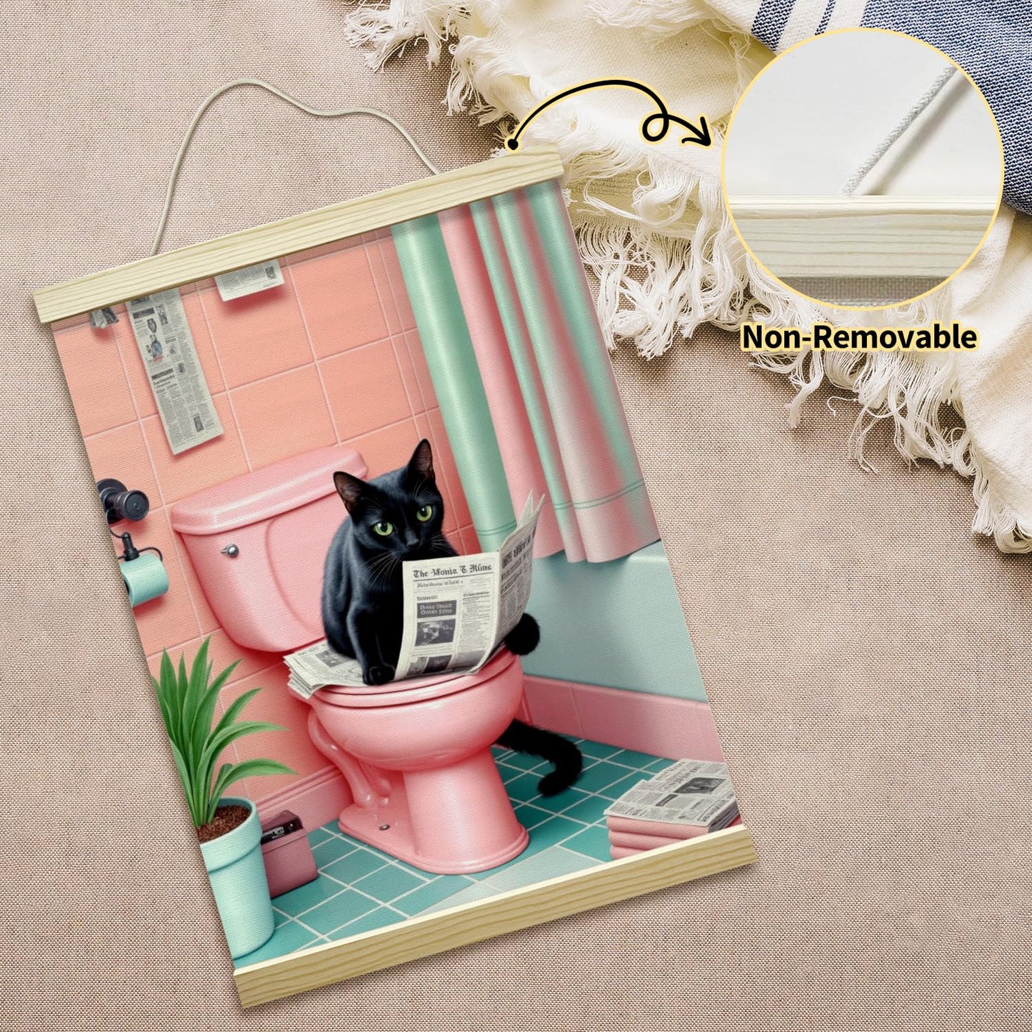 mermermu Funny Bathroom Cat Poster Hanger Frame, Shabby Chic Cute Kitten Posters Canvas Wall Art for Home Bathroom Toilet Washroom Decor, 12x16 Inches -045