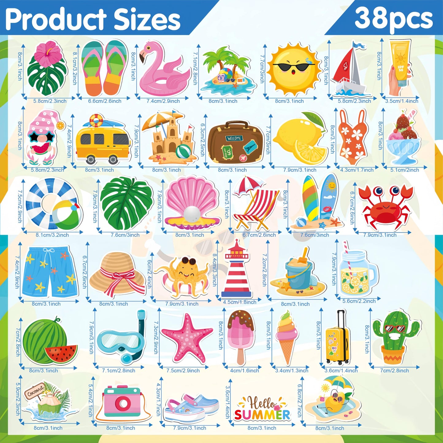 Fecheche Large Size Cute Fridge Magnets for Toddlers, Preschool Spelling Learning Education Refrigerador Magnetic Toy (Summer 38pcs)
