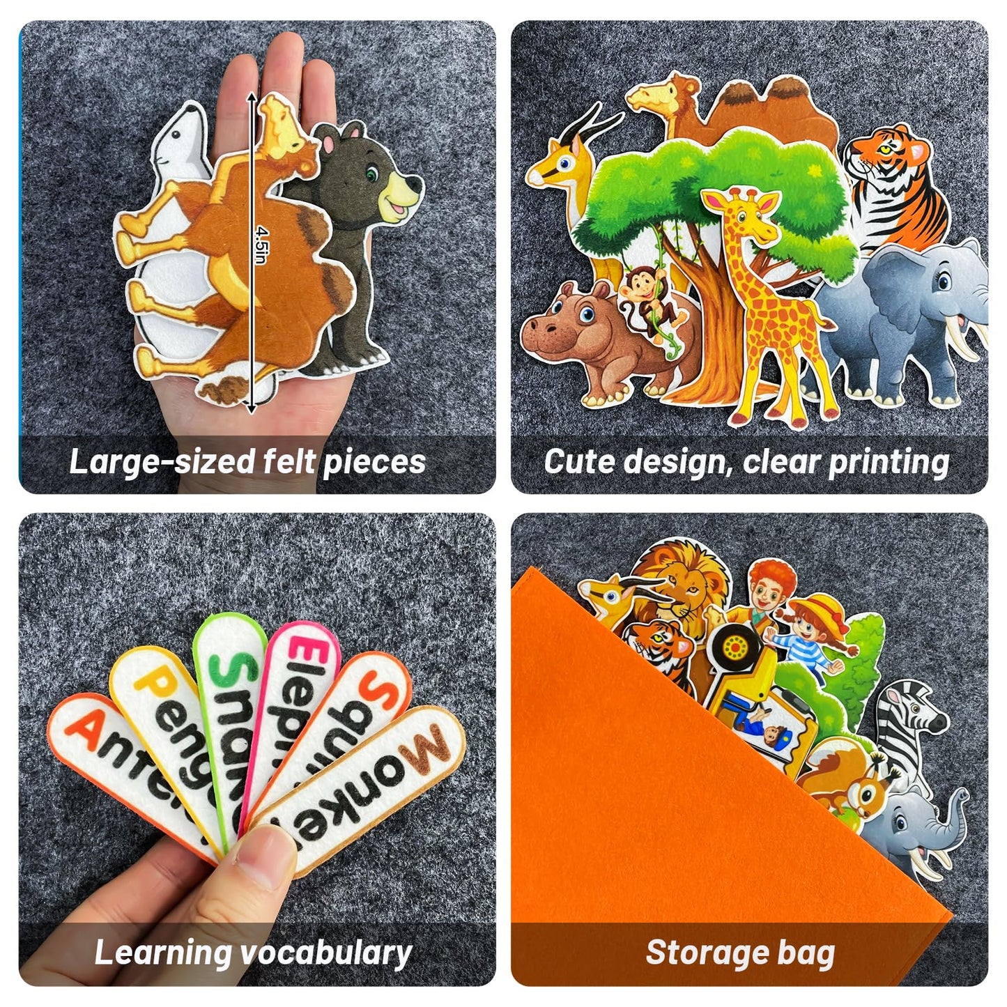 PENGFULL Felt Flannel Board Story Pieces for Toddlers Preschool，Kids Interactive Storytelling Teaching Play Kits for Flannel Board or Felt Board，with Words Felt Pieces（Zoo