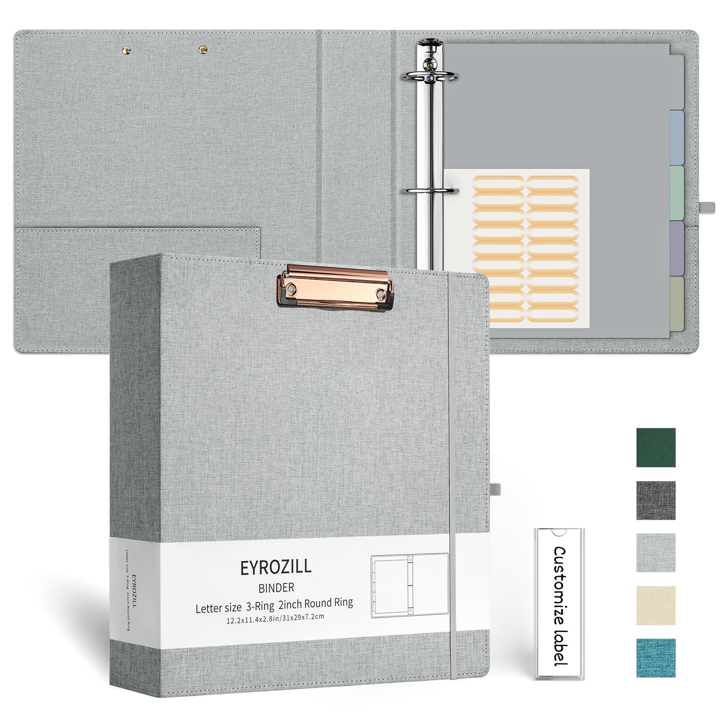 EYROZILL 3 Ring Binder 2 Inch, Binder for Letter Size (11" x 8.5") with 5 Tab Dividers, File Folder Labels and Low Profile Clipboards, Light Grey