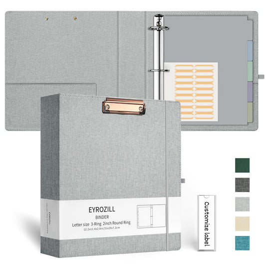 EYROZILL 3 Ring Binder 2 Inch, Binder for Letter Size (11" x 8.5") with 5 Tab Dividers, File Folder Labels and Low Profile Clipboards, Light Grey