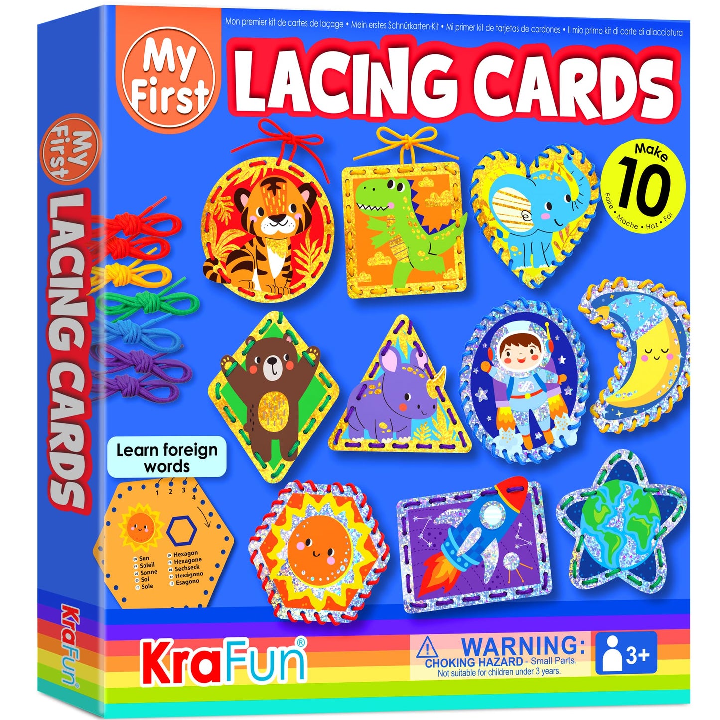 KRAFUN My First Lacing Cards for Boys & Girls Age 3+, 10 Holographic Space Animal Arts & Crafts Projects, Fine Motor Skills Toys with T-Rex Astronaut Rocket Tiger Elephant Dinosaur