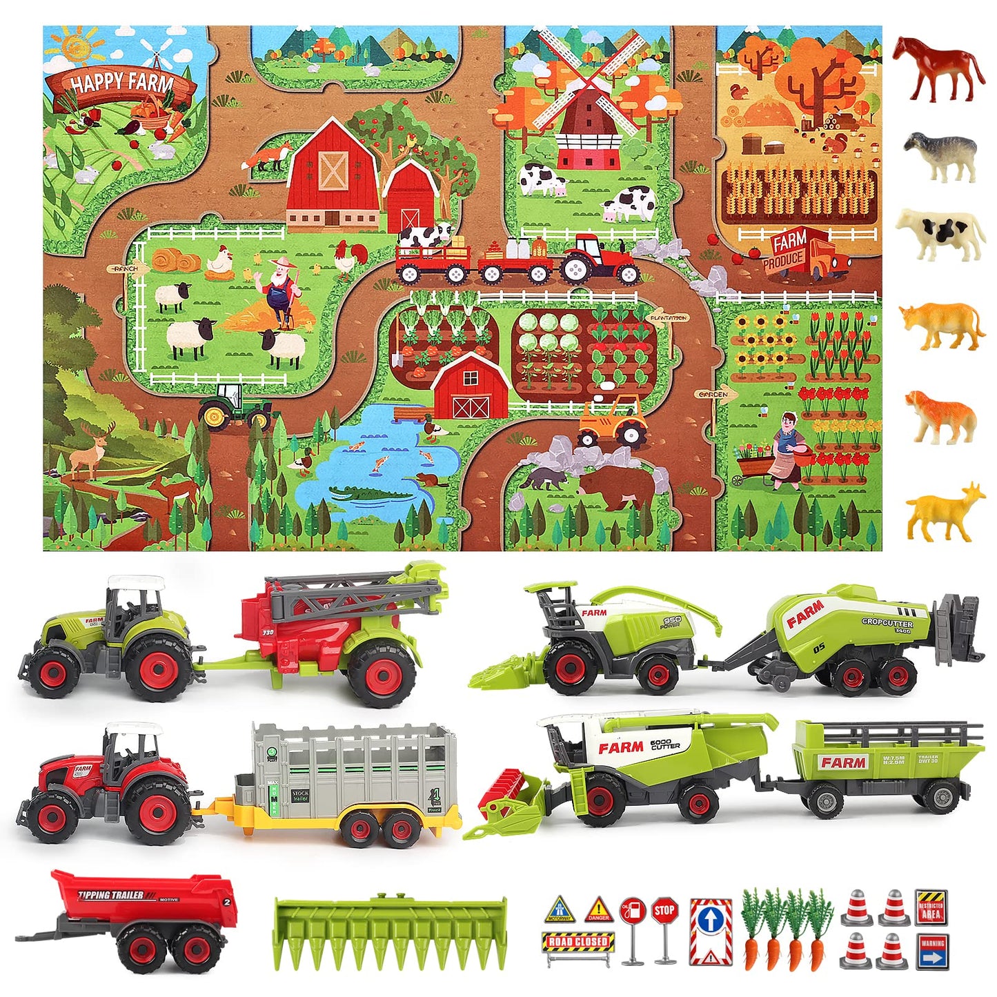 Oriate Farm Tractor Set 34 Piece Die Cast Vehicle Value Playset, Large Size 4.8" Tractors Toy Kids Birthday Gift, Farm Play Mat Tractors Animals Trailer Toys, Farm Equipment Accessories