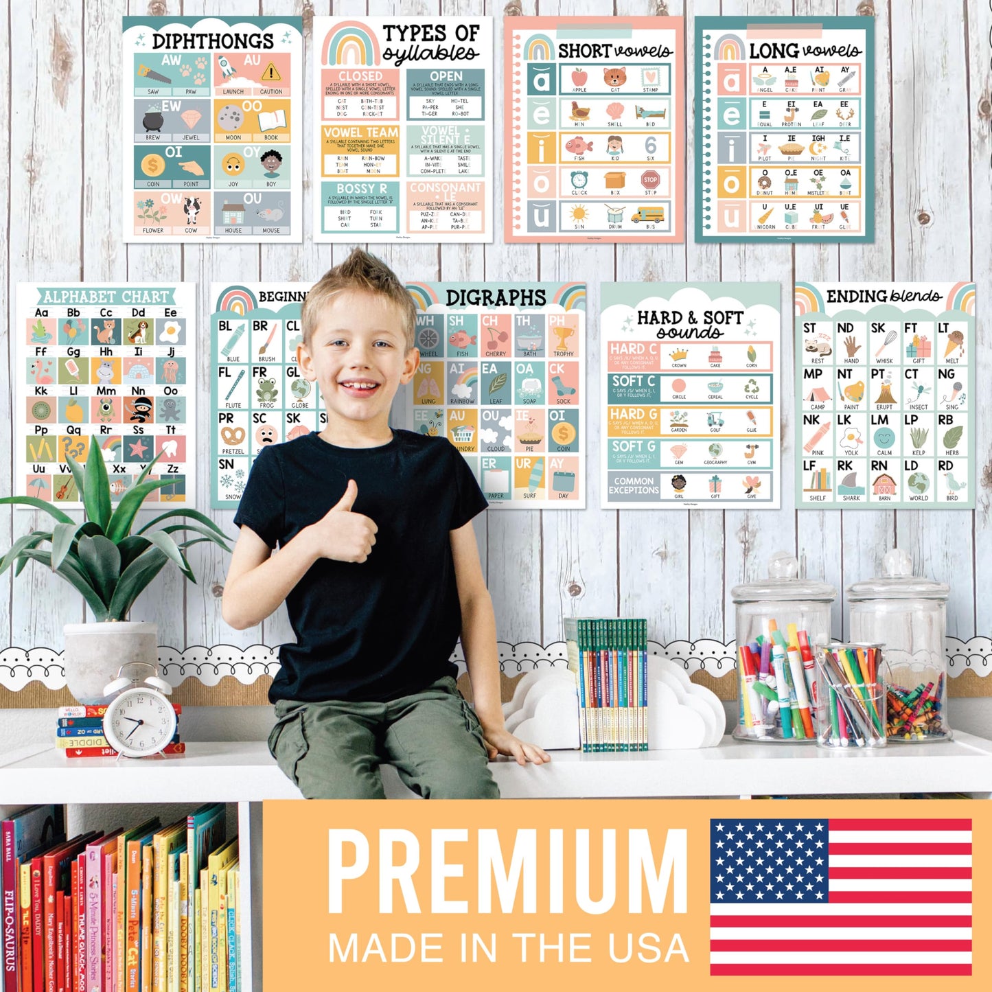 Hadley Designs Phonics Posters for Classroom Must Haves - 9 Sound Wall for Kindergarten & Elementary Teacher Supplies, Syllable, Vowels, Digraphs & Blends Bulletin Board Set, Boho Classrom Decor