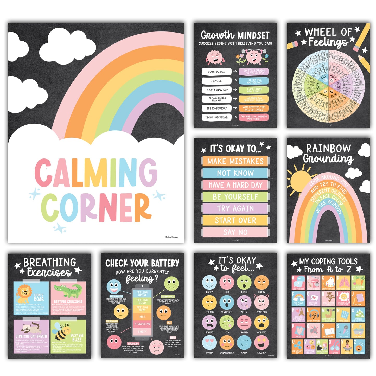 Hadley Designs 9 Calming Corner Posters for Classroom Must Haves - Calm Down Corner Supplies with Emotions Chart, School Counselor Mental Health Poster, Feelings Chart For Kids, Pastel Classroom Decor