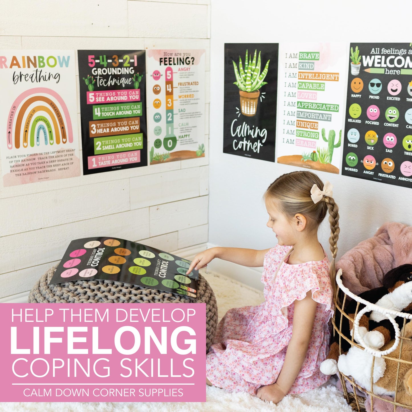 Hadley Designs 8 Calming Corner Posters for Classroom Must Haves -Calm Down Corner Supplies with Emotions Chart,School Counselor Mental Health Poster,Feelings Chart For Kids, Farmhouse Classroom Decor