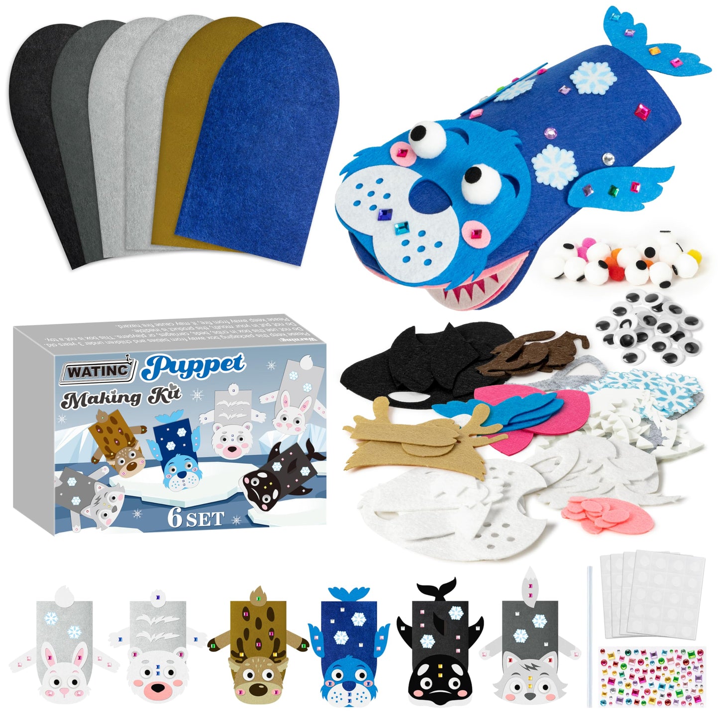 WATINC 6Pcs Hand Puppet Making Kit, Art Craft Felt Sock Puppet Toys, Creative DIY Make Your Own Pompoms Wiggle Googly Eyes Storytelling Role Play Party Supplies Gift for Girls Boys (Polar Animals A)