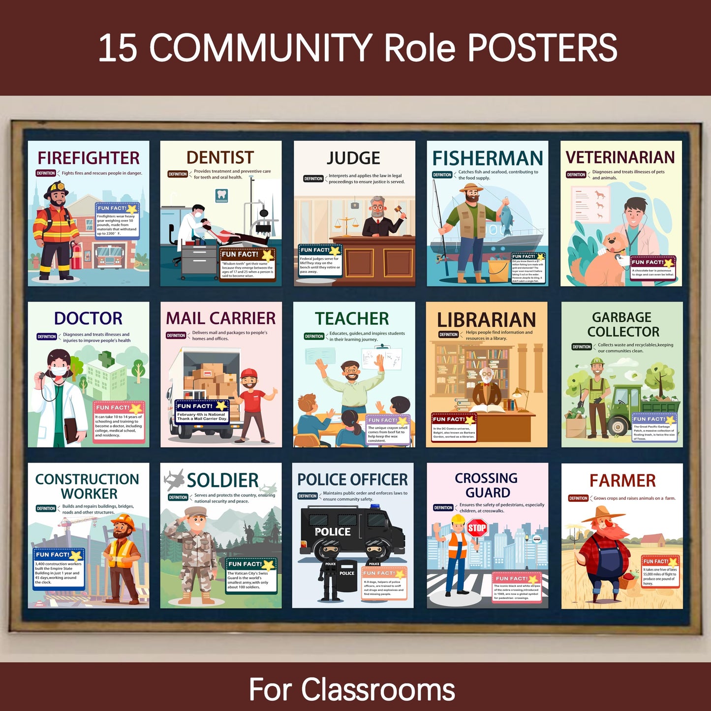 15 Pcs exquisite community assistant posters for classroom and vocational education, helping students easily understand various professions, making them an excellent choice for teacher gifts.8X10inch, Unframed